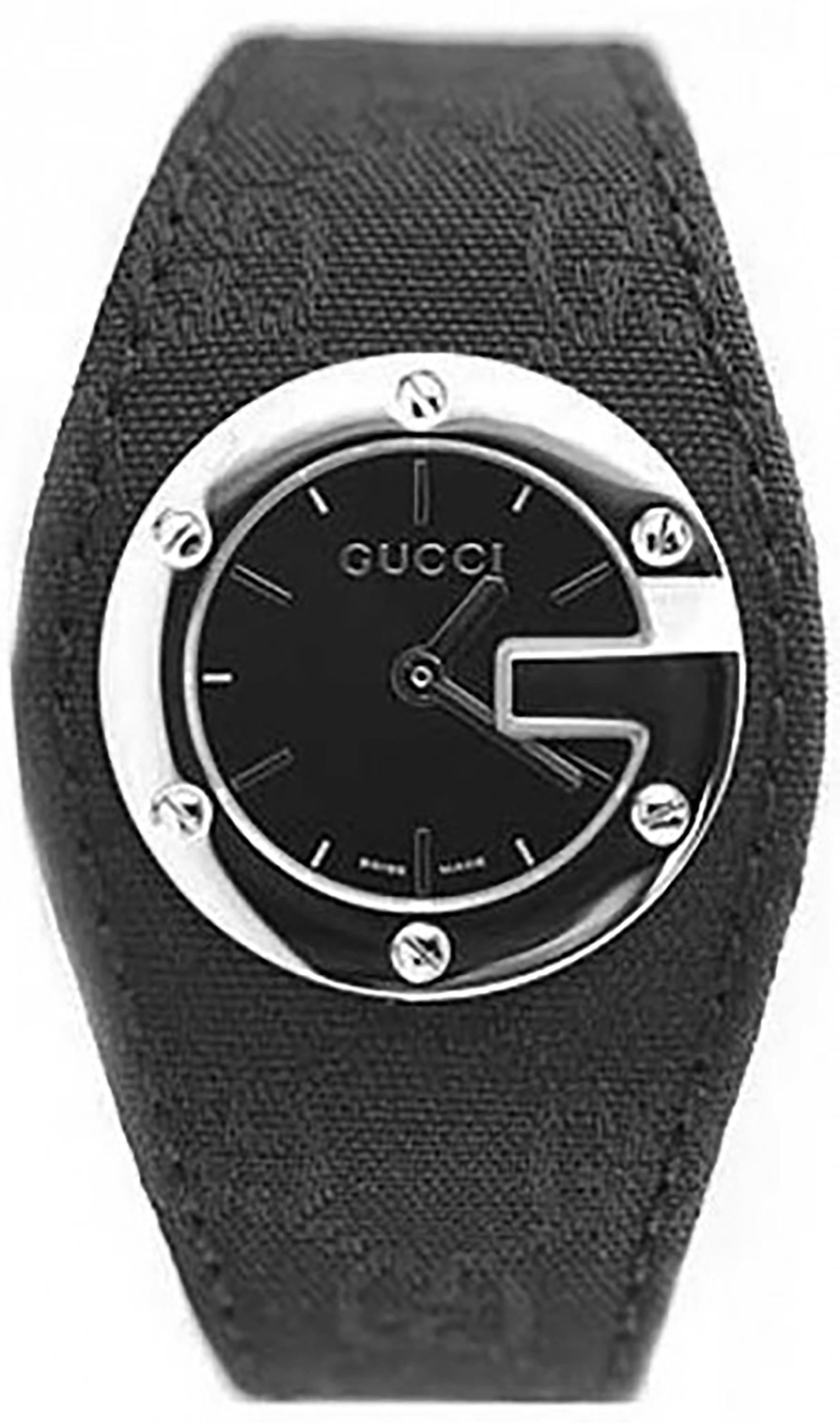 This brand new Gucci   is a beautiful  timepiece that is powered by  movement which is cased in a  case. It has a round shape face,  dial and has hand  style markers. It is completed with a  band that opens and closes with a . This watch comes with