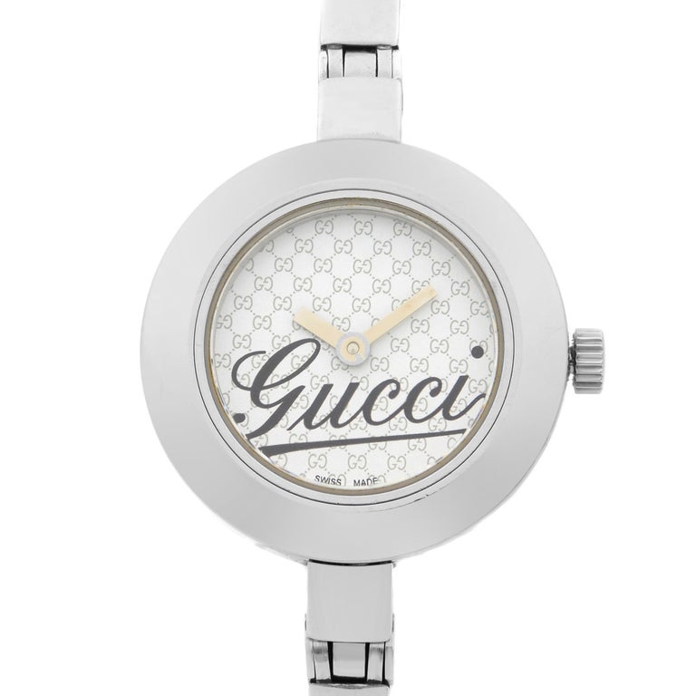 Gucci 105 Steel Monogram Pattern White Dial Quartz Ladies Watch