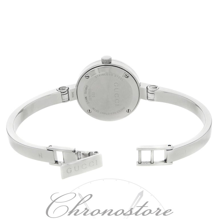 Gucci 105 Steel Monogram Pattern White Dial Quartz Ladies Watch