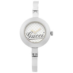 Gucci 105 Steel Monogram Pattern White Dial Quartz Ladies Watch YA105528