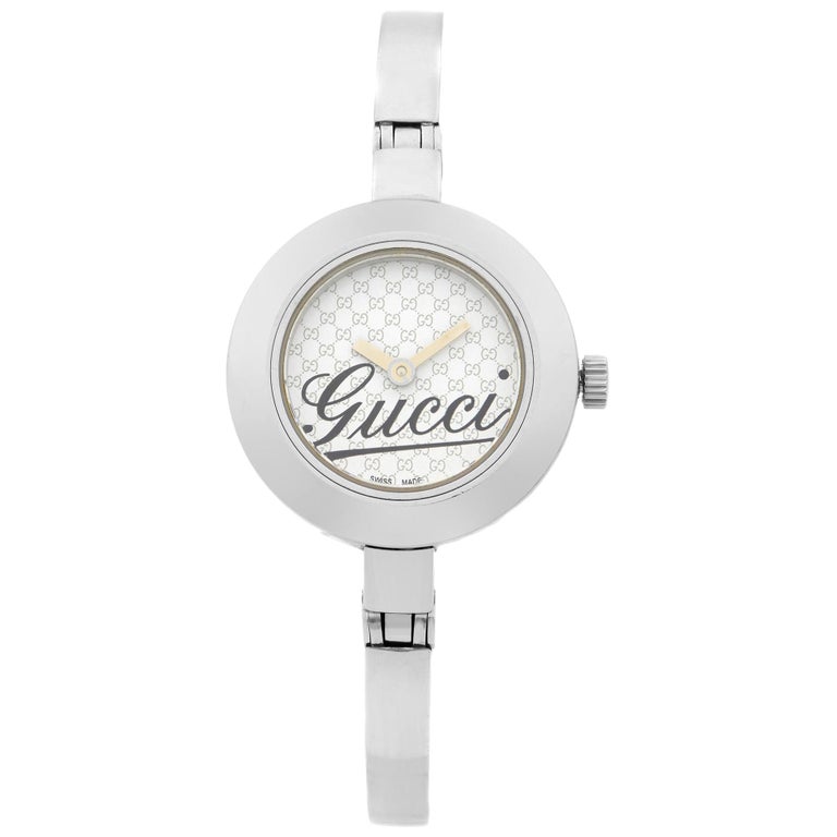 Gucci 105 Steel Monogram Pattern White Dial Quartz Ladies Watch