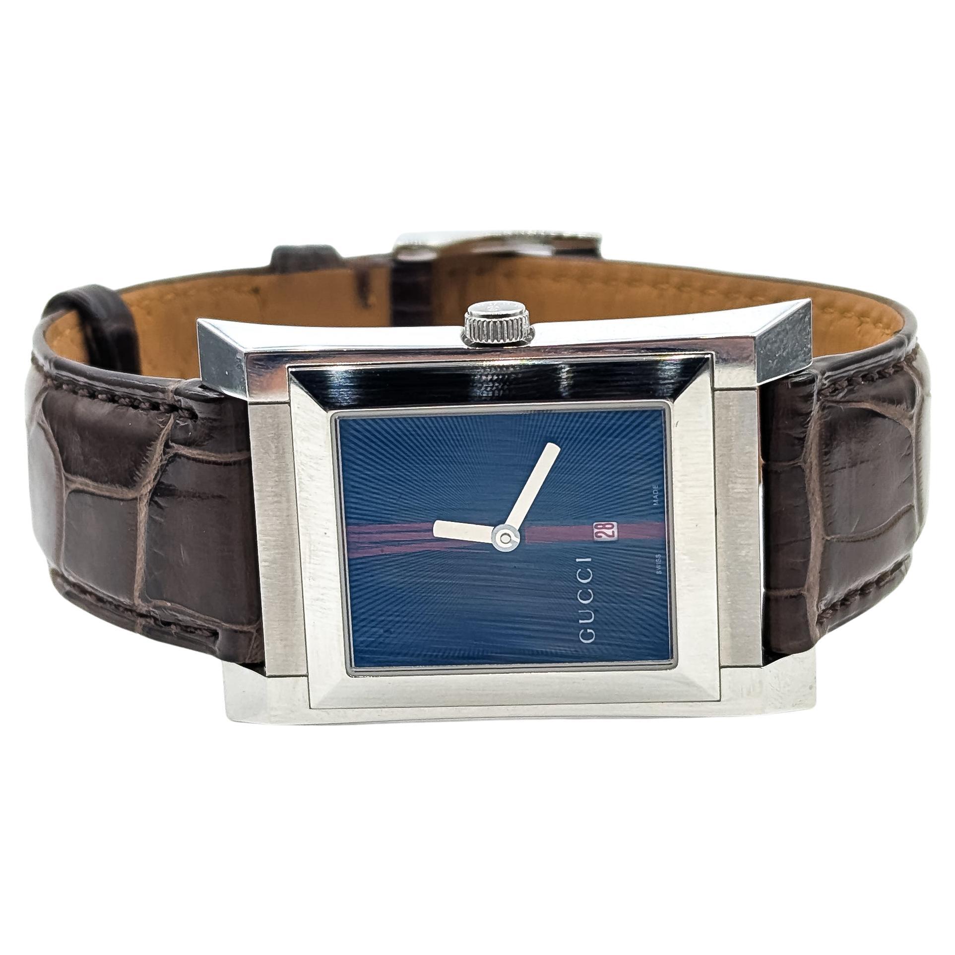 Gucci 111M Stainless Steel Rectangular Watch with Leather Strap For Sale