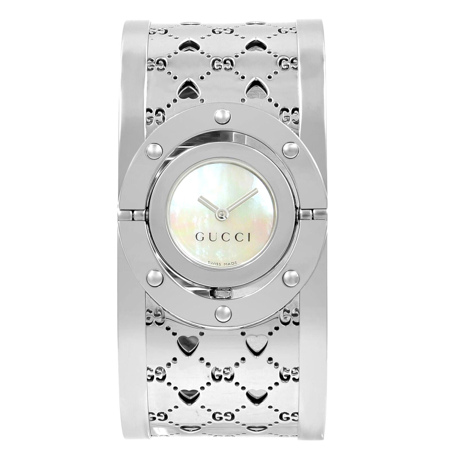 Gucci 112 Steel Twirl MOP Dial Quartz Ladies Monogram Logo Bangle Watch YA112413