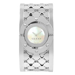 Used Gucci 112 Steel Twirl MOP Dial Quartz Ladies Monogram Logo Bangle Watch YA112413