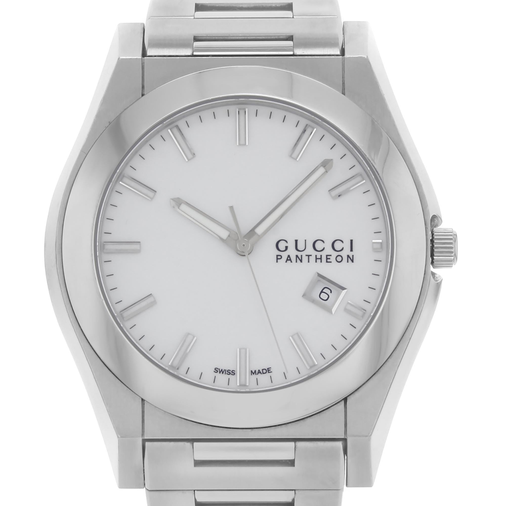 Pre-owned Gucci 115 Pantheon 44mm Stainless Steel White Dial Quartz Mens Watch YA115210. The Watch Might Have Minor Blemishes on the Crystal Coating and the Case. Original Box and Papers are not Included. Comes with a Chronostore Presentation Box