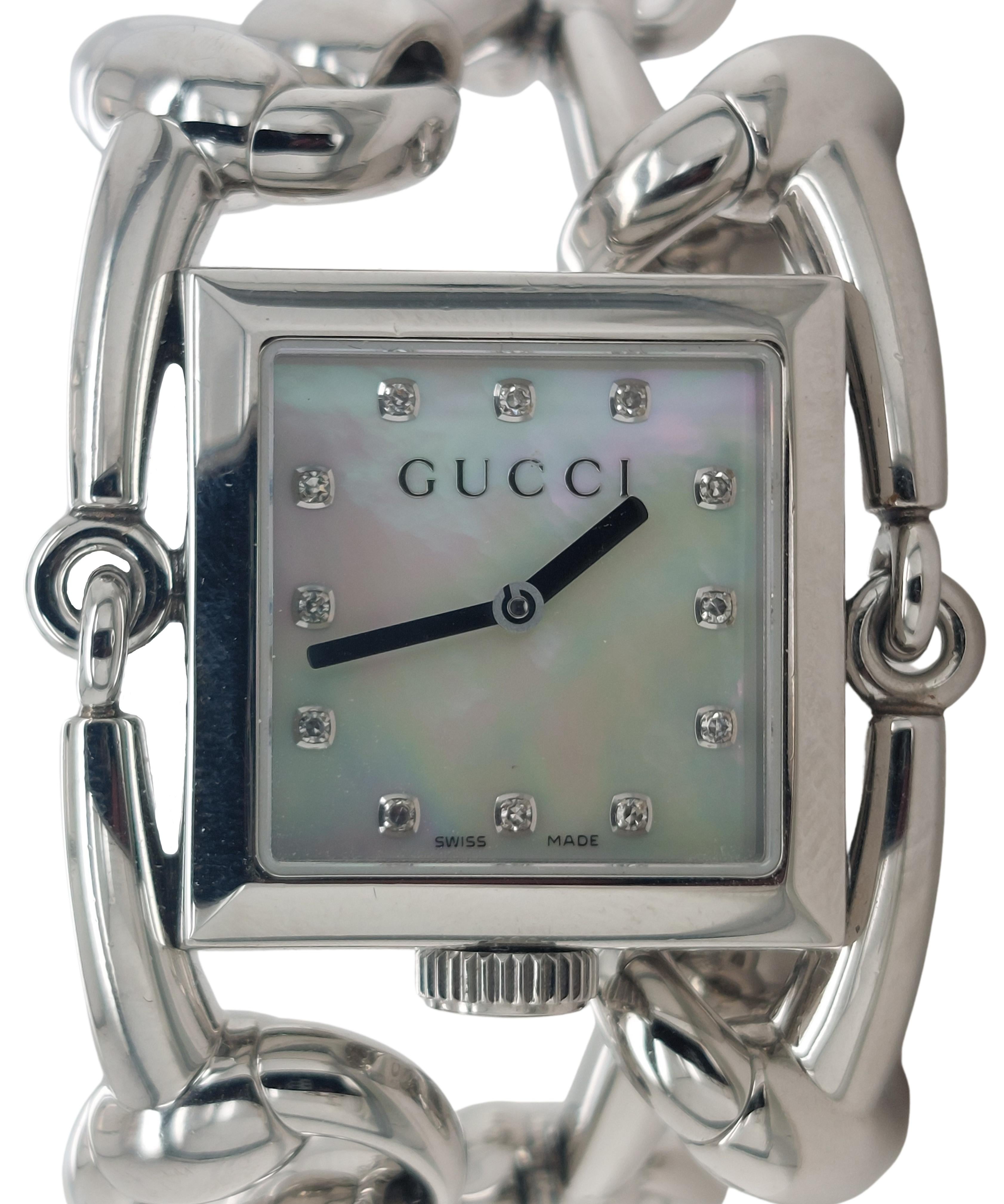 Gorgeous Gucci 116.3 Signoria Horsebit  Steel Watch with Mother of Pearl Dial, Quartz With Box & Papers

Movement: Quartz

Functions: Hours, minutes

Case: stainless steel, diameter 24.8 x 24.5 x 7.40 mm, crown at 6 o'clock, sapphire glass, back