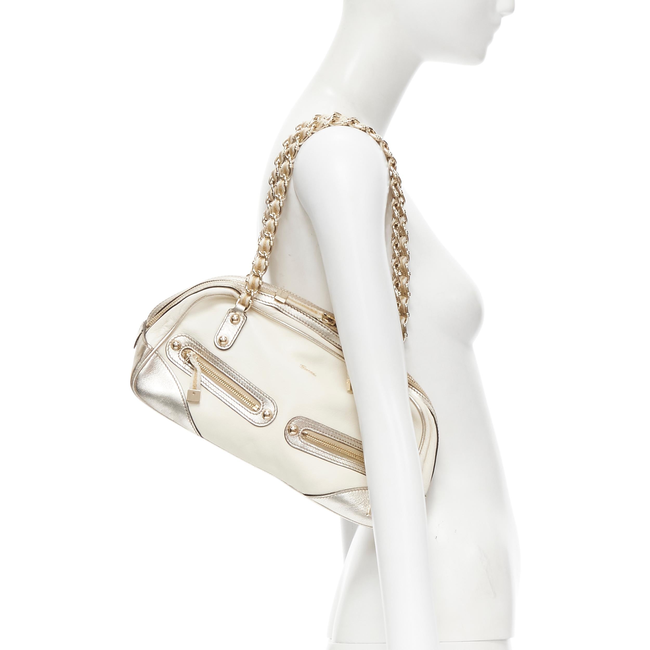 GUCCI 152462 Capri cream gold leather web zip chain handle shoulder bag 
Reference: CELG/A00033 
Brand: Gucci 
Model: Capri 
Material: Leather 
Color: White 
Pattern: Solid 
Closure: Zip 
Extra Detail: 152462. Cream white soft leather with metallic