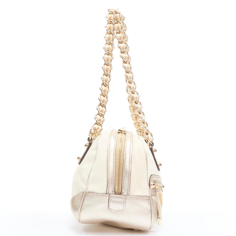 GUCCI Ivory Metallic Leather Capri Web Chain Shoulder Bag Pochette Tote  152462