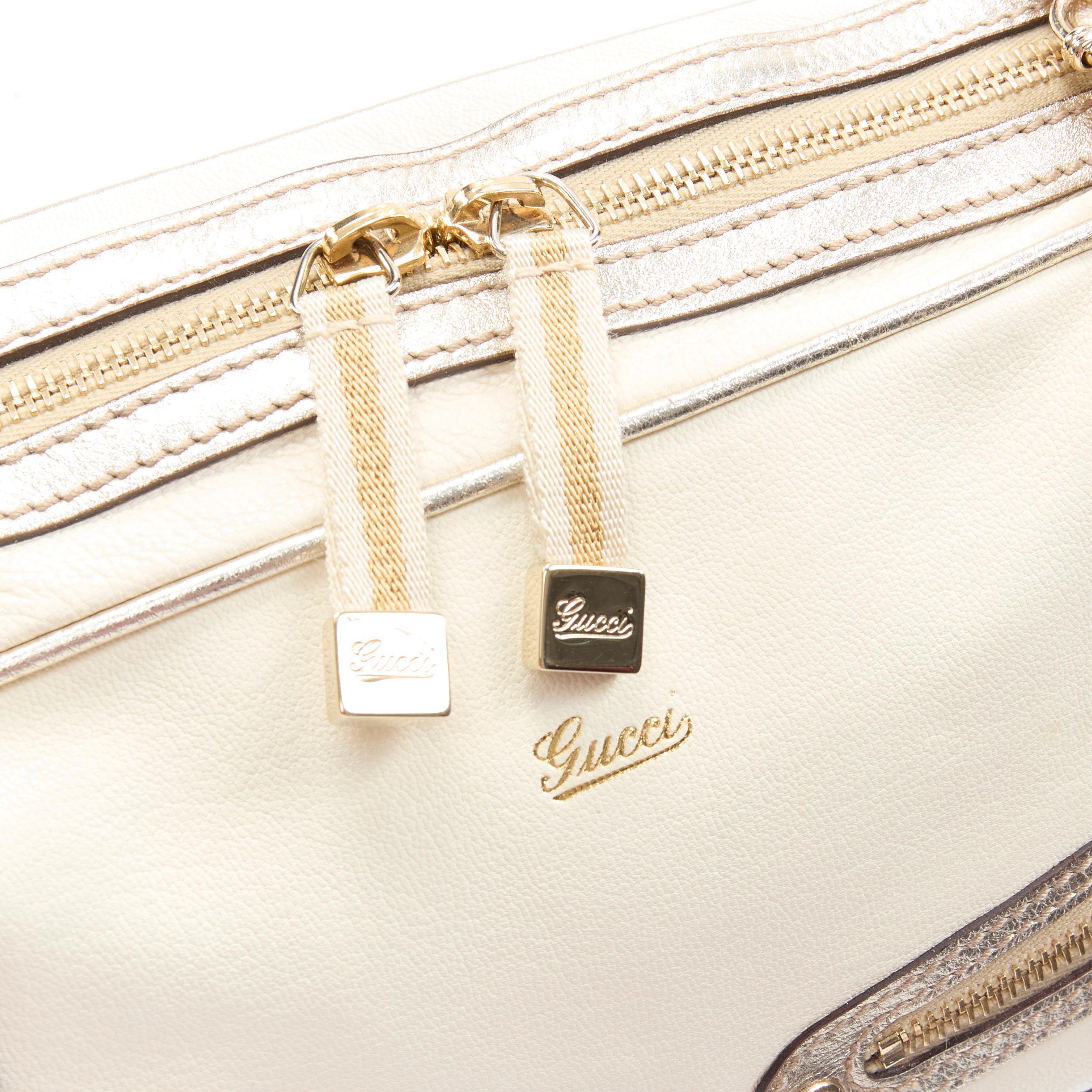 Women's GUCCI 152462 Capri cream gold leather web zip chain handle shoulder bag