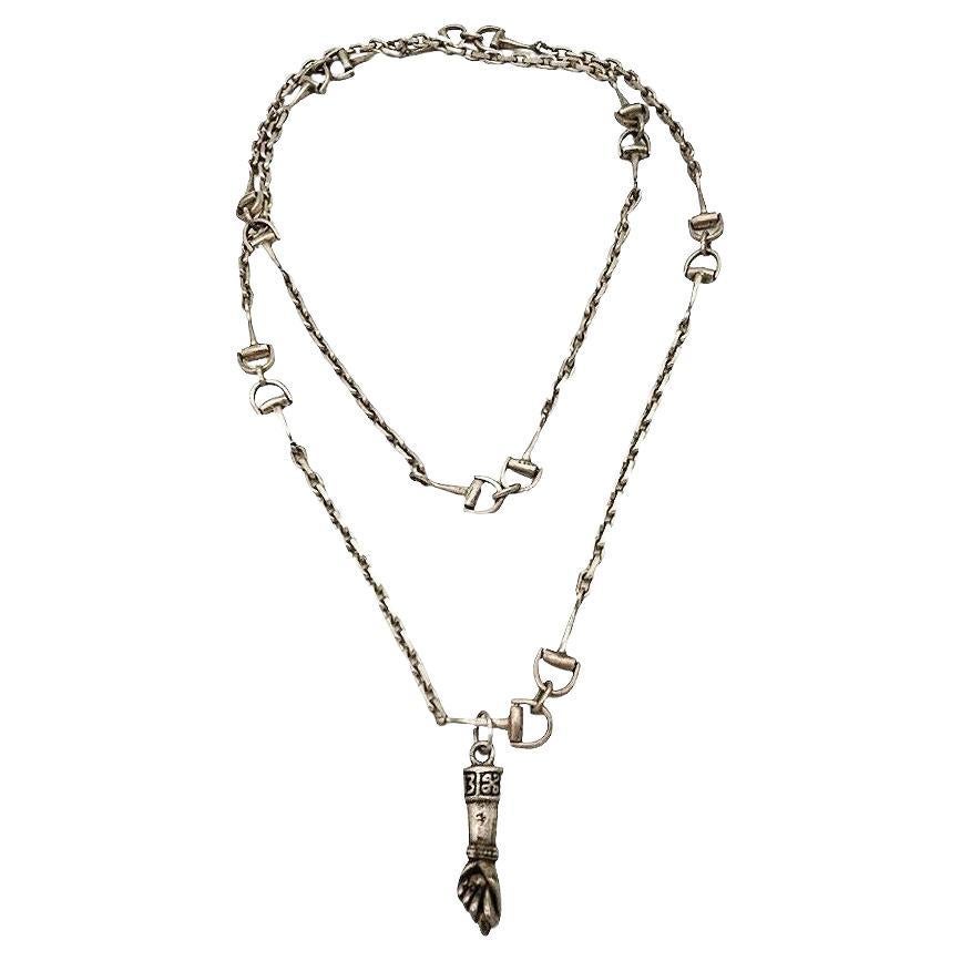 Gucci 17" Silver Interlocking Horse Bit Chain Necklace w/ Figa Fist Charm