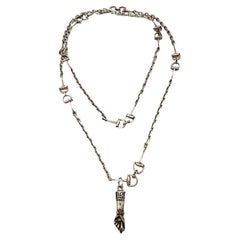 Vintage Gucci 17" Silver Interlocking Horse Bit Chain Necklace w/ Figa Fist Charm