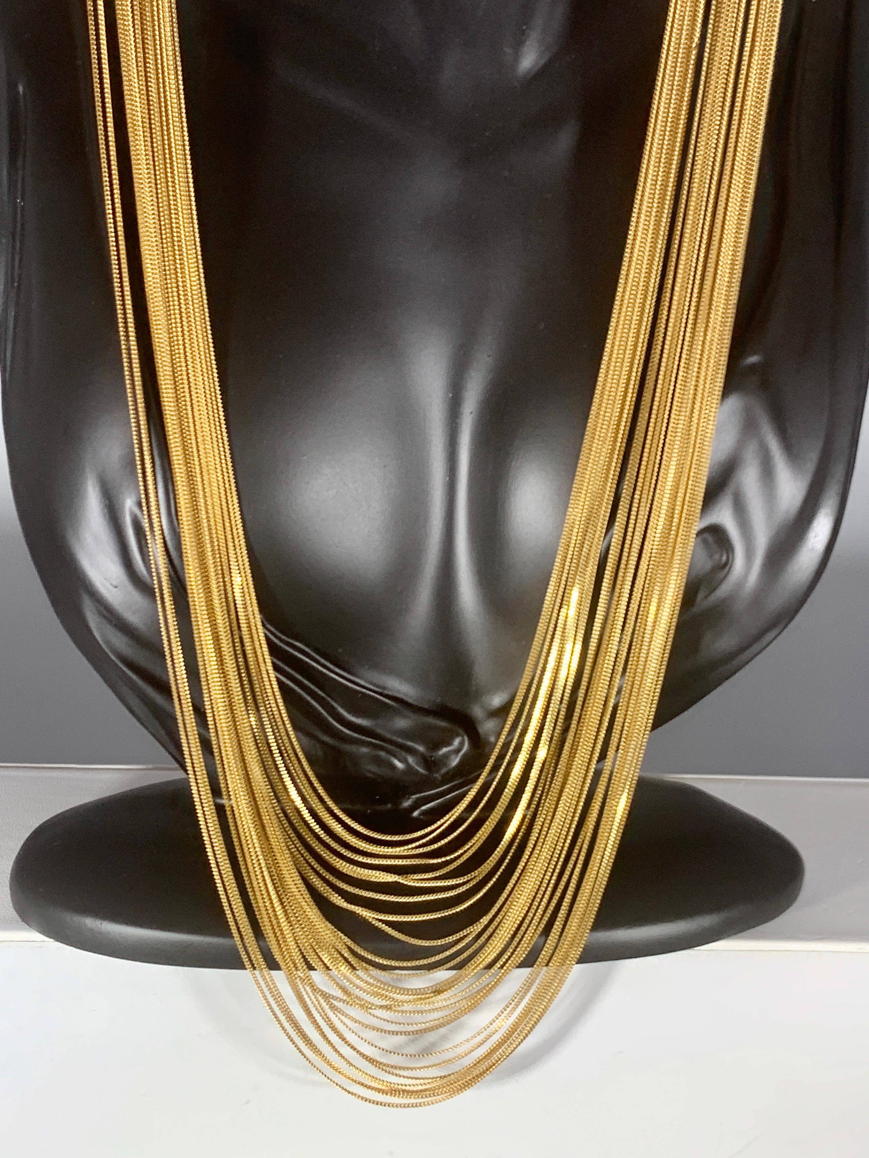 Gucci 18 Karat Gold Multi Strand Long Lariat Necklace Diamond Clasp, Antique In Excellent Condition For Sale In New York, NY