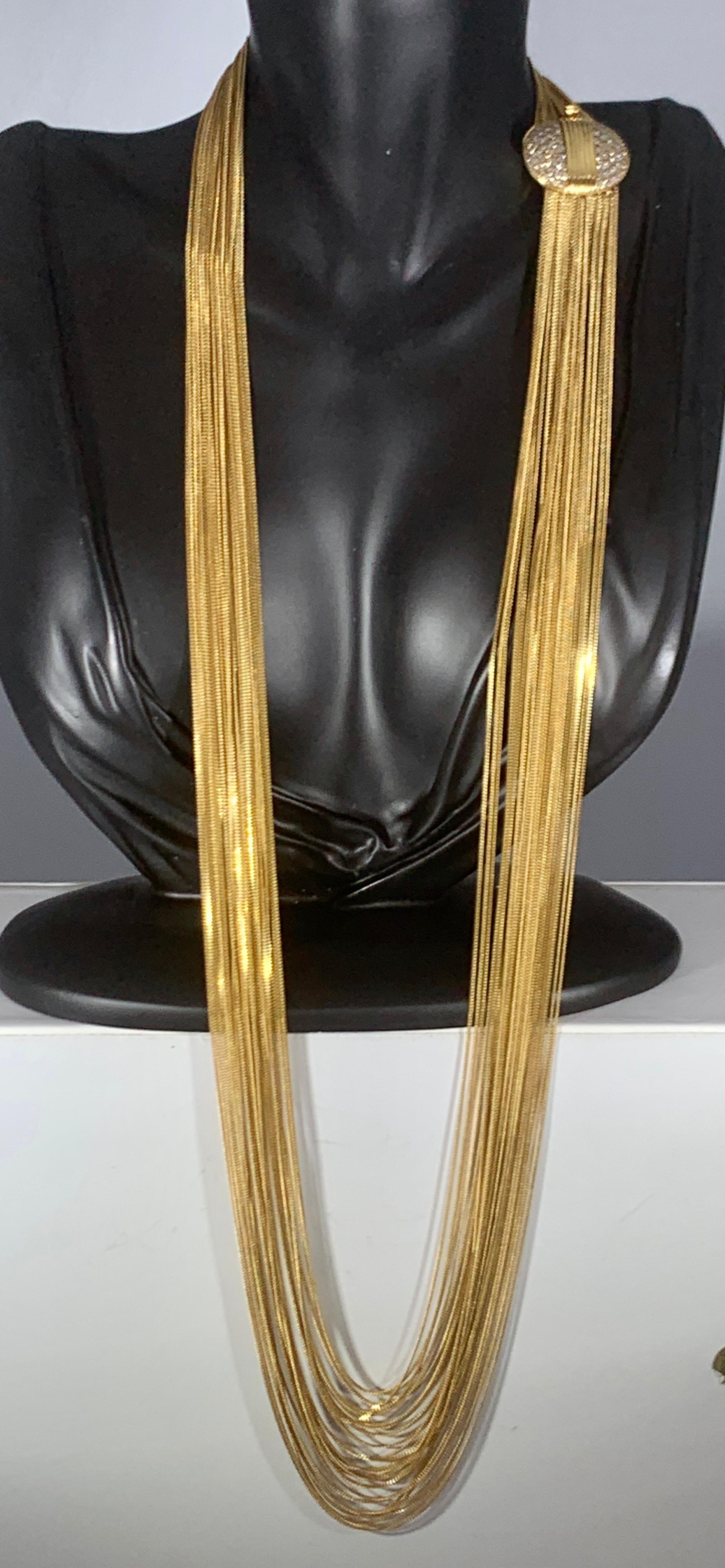 Gucci 18 Karat Gold Multi Strand Long Lariat Necklace Diamond Clasp, Antique For Sale 1