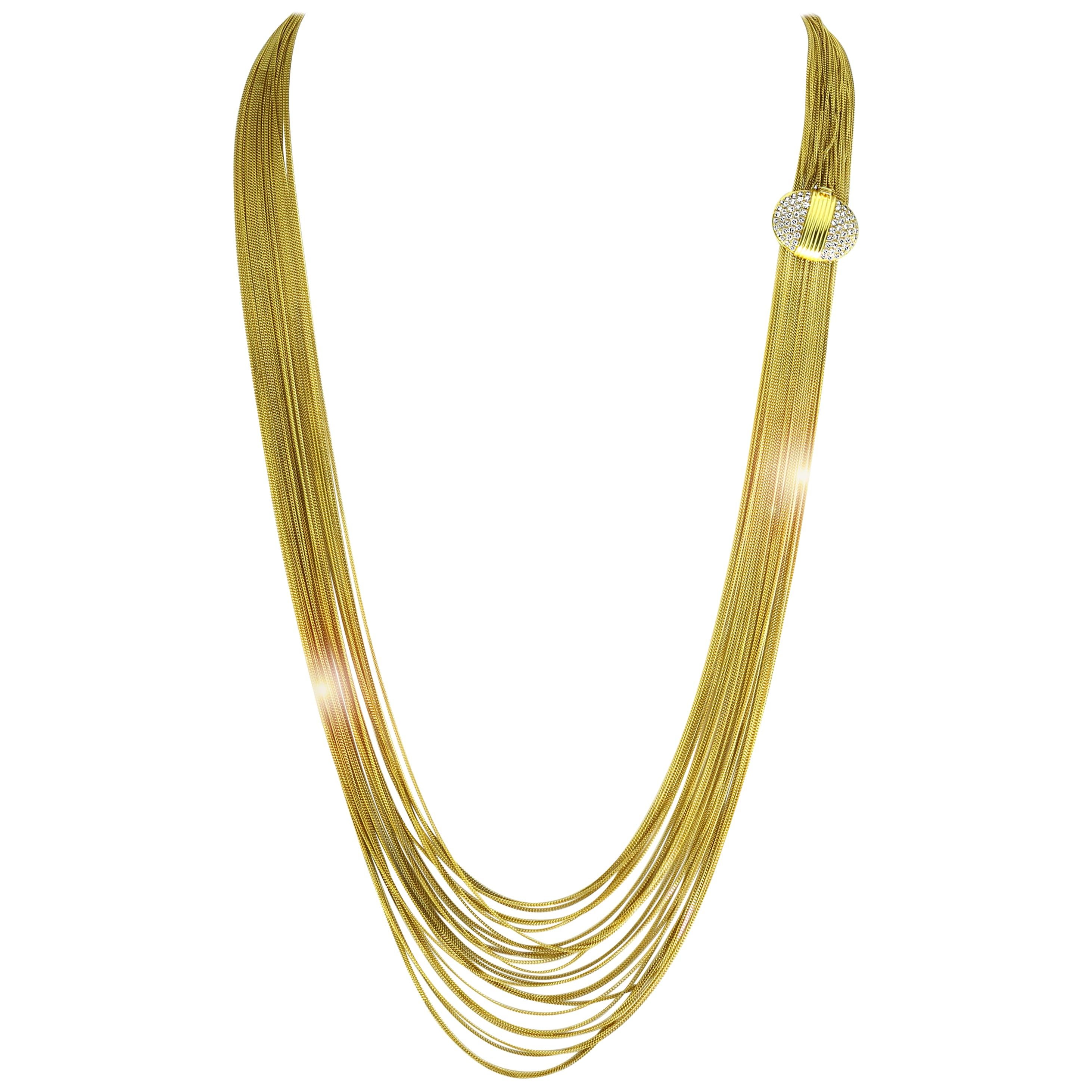 Gucci 18 Karat Gold Multi Strand Long Lariat Necklace Diamond Clasp, Antique For Sale