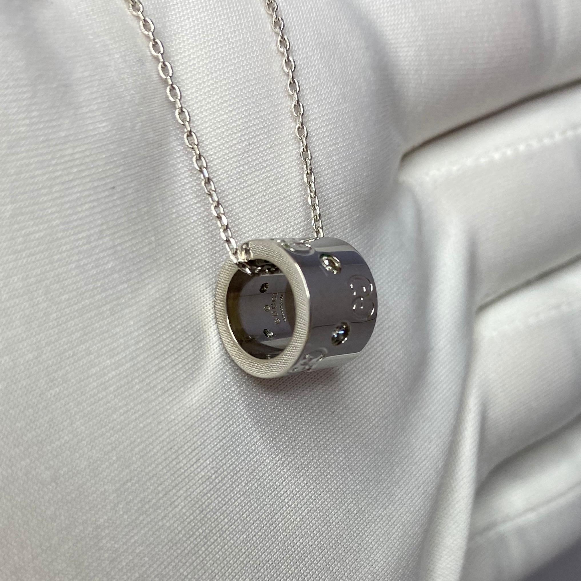 Round Cut Gucci 18 Karat White Gold Diamond Icon Ring Pendant Necklace with Box