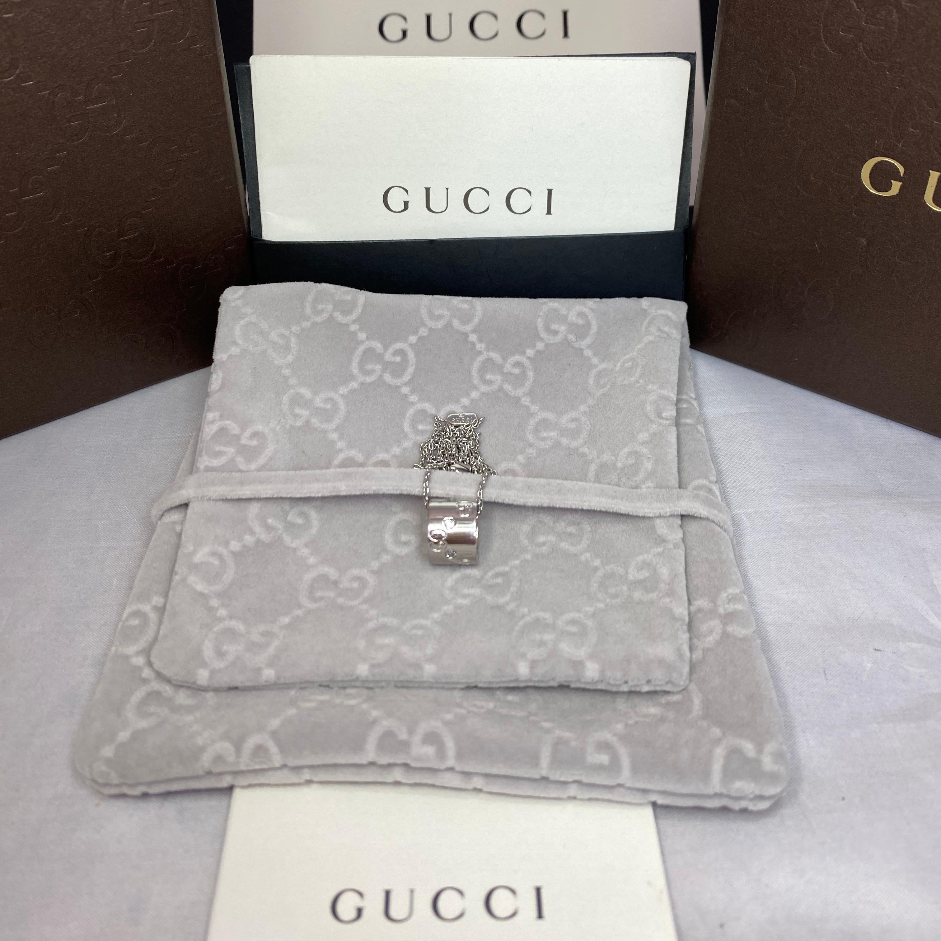 Women's or Men's Gucci 18 Karat White Gold Diamond Icon Ring Pendant Necklace with Box