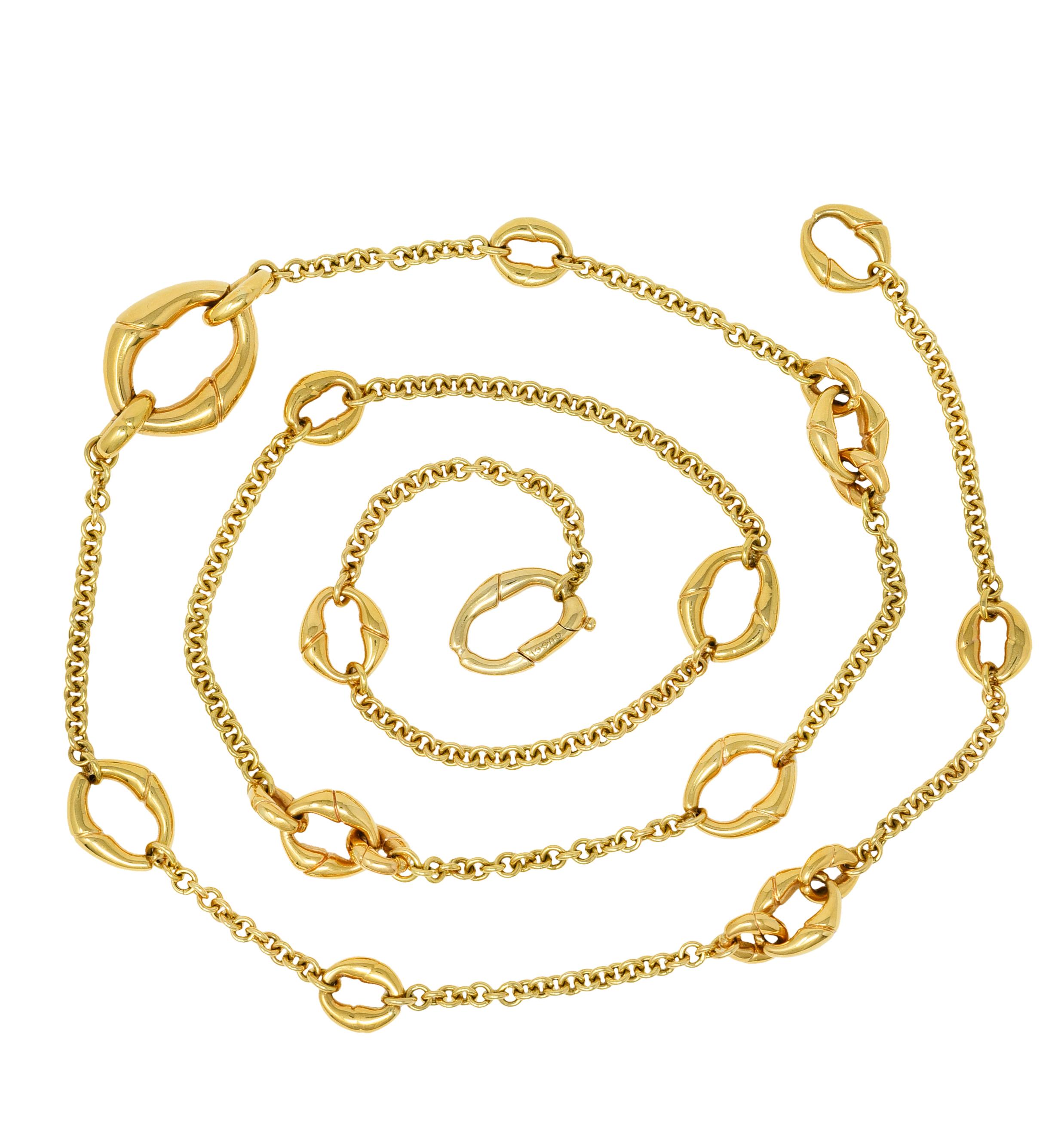 Necklace designed as 3.0 mm cable chain 

Featuring grooved bamboo style oval link stations

Links vary in size from 3/8 x 3/8 inch to 7/8 x 1 inch

Completed by hidden clasp

Stamped 750 for 18 karat gold 

Fully signed Gucci 

Length: 36