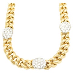 Gucci 18 Karat Yellow Gold Cuban Link Necklace with Pave Diamond Stations