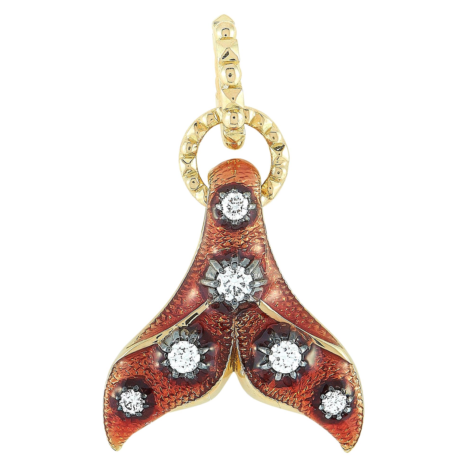 Gucci 18 Karat Yellow Gold Diamond Red Enamel Fin Motif Charm