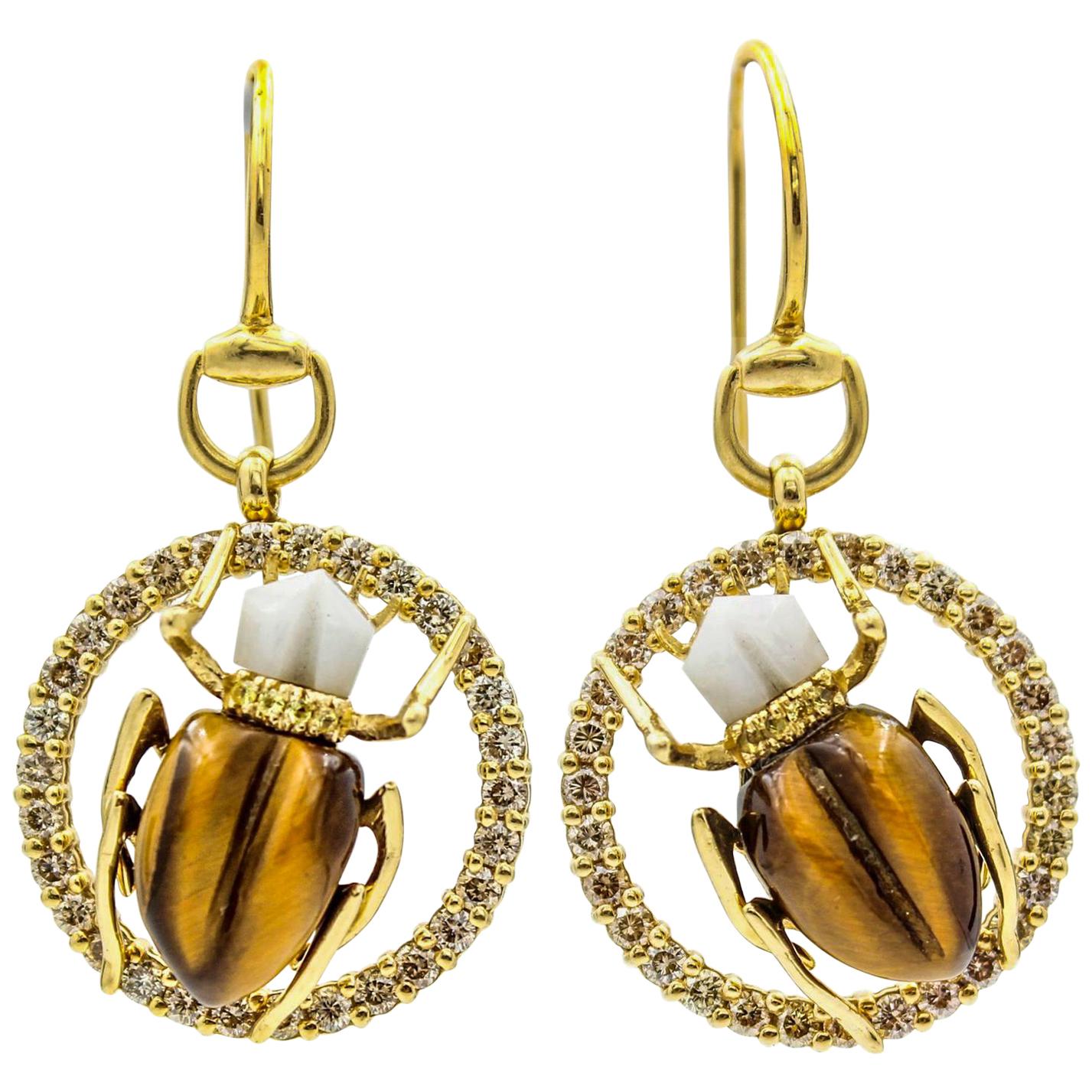 Gucci 18 Karat Yellow Gold Diamond Tiger's Eye Agate Scarab Dangle Earrings For Sale