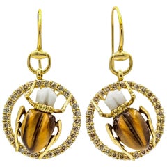 Gucci 18 Karat Yellow Gold Diamond Tiger's Eye Agate Scarab Dangle Earrings