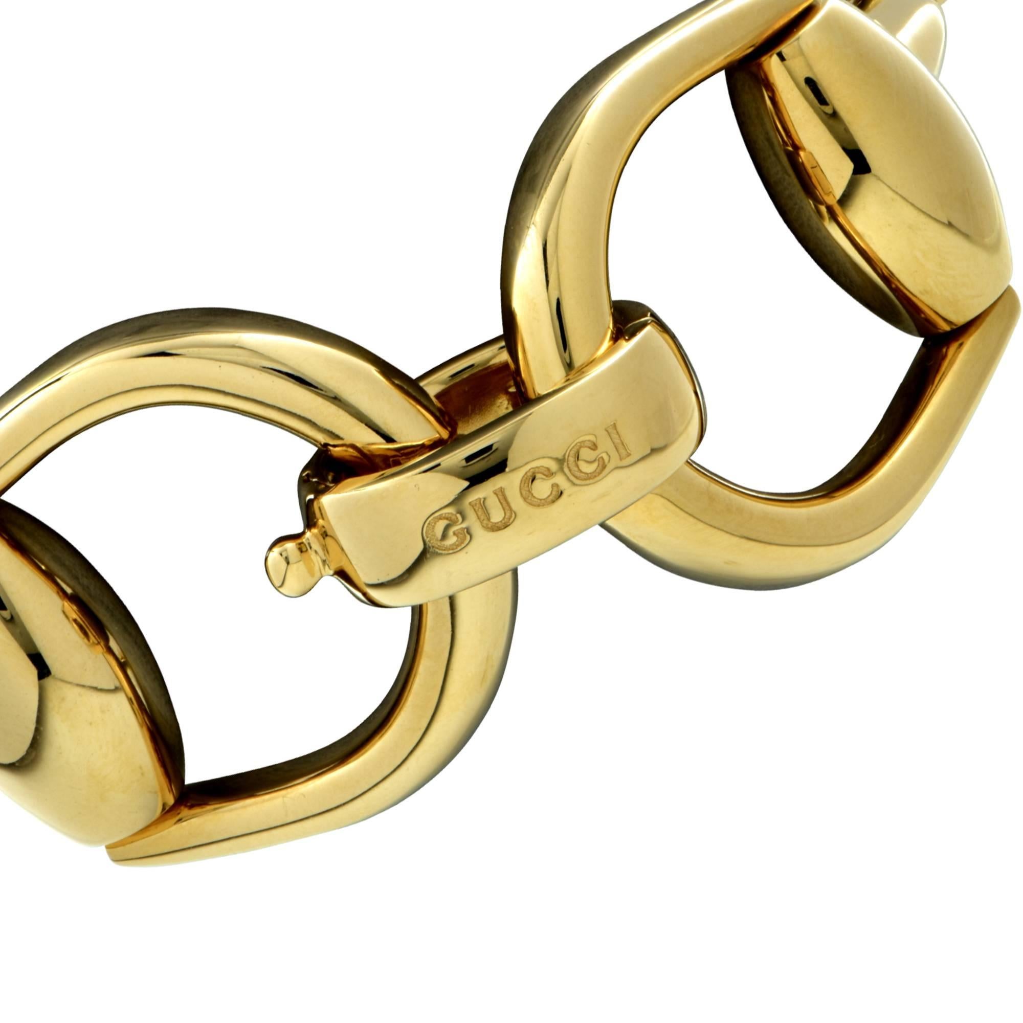 From the House of Gucci, this gorgeous Horsebit bracelet crafted in 18k yellow gold, measures 7” in length and 1” wide.  It retails for $7,600.00 plus tax. It is hallmarked Gucci made in Italy.

Our pieces are all accompanied by an appraisal