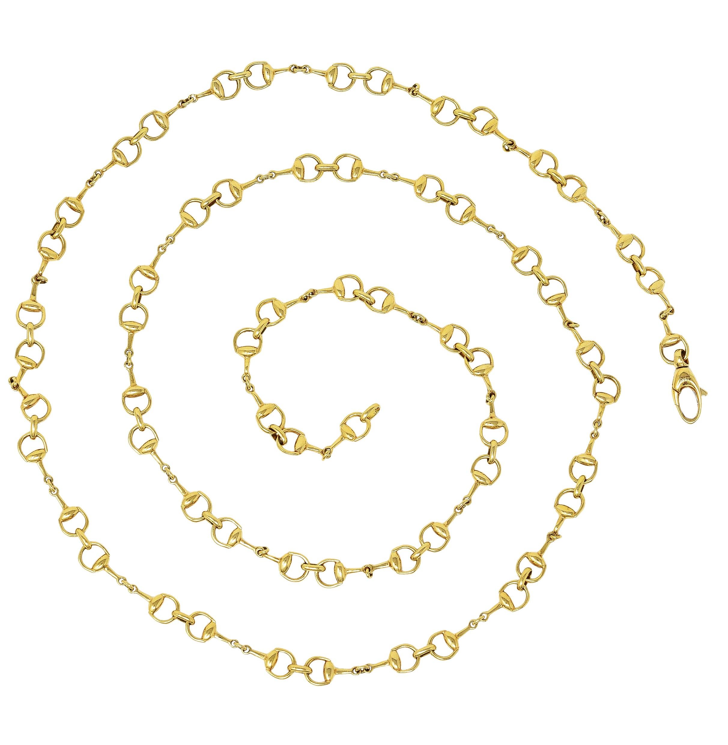 Chain necklace comprised of stylized horsebit links

Links are connected by jump rings

Accented by high polish finish

Stamped 750 for 18 karat gold

Fully signed Gucci, Made in Italy

From the contemporary Horsebit Collection

Width: 1/4