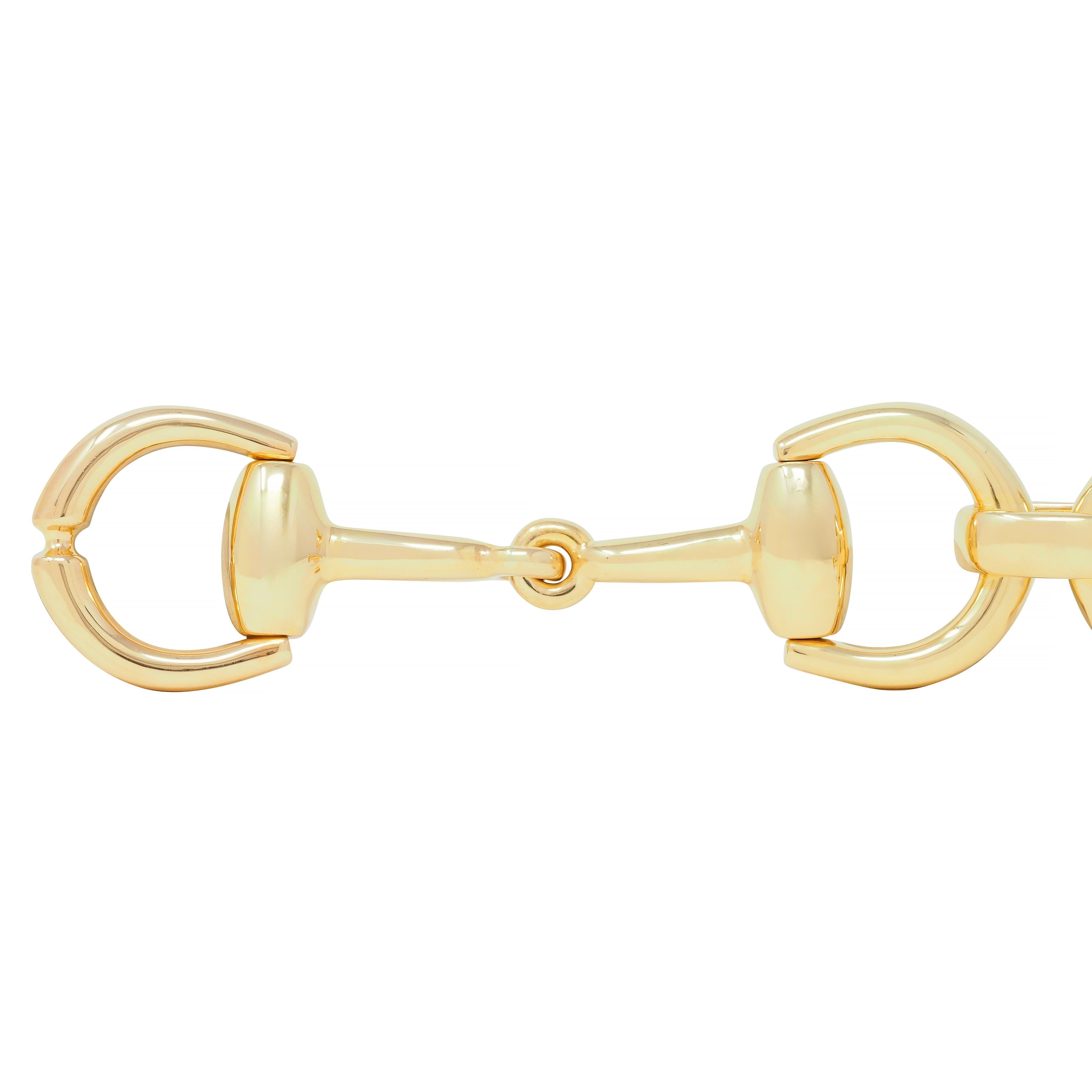 Bracelet is designed as large horsebit motif links
Connected via large oval shaped links
With high polished gold finish
Terminating horsebit is hinged as clasp closure
Stamped 750 with Italian assay marks for 18 karat gold
Fully signed Gucci, Made