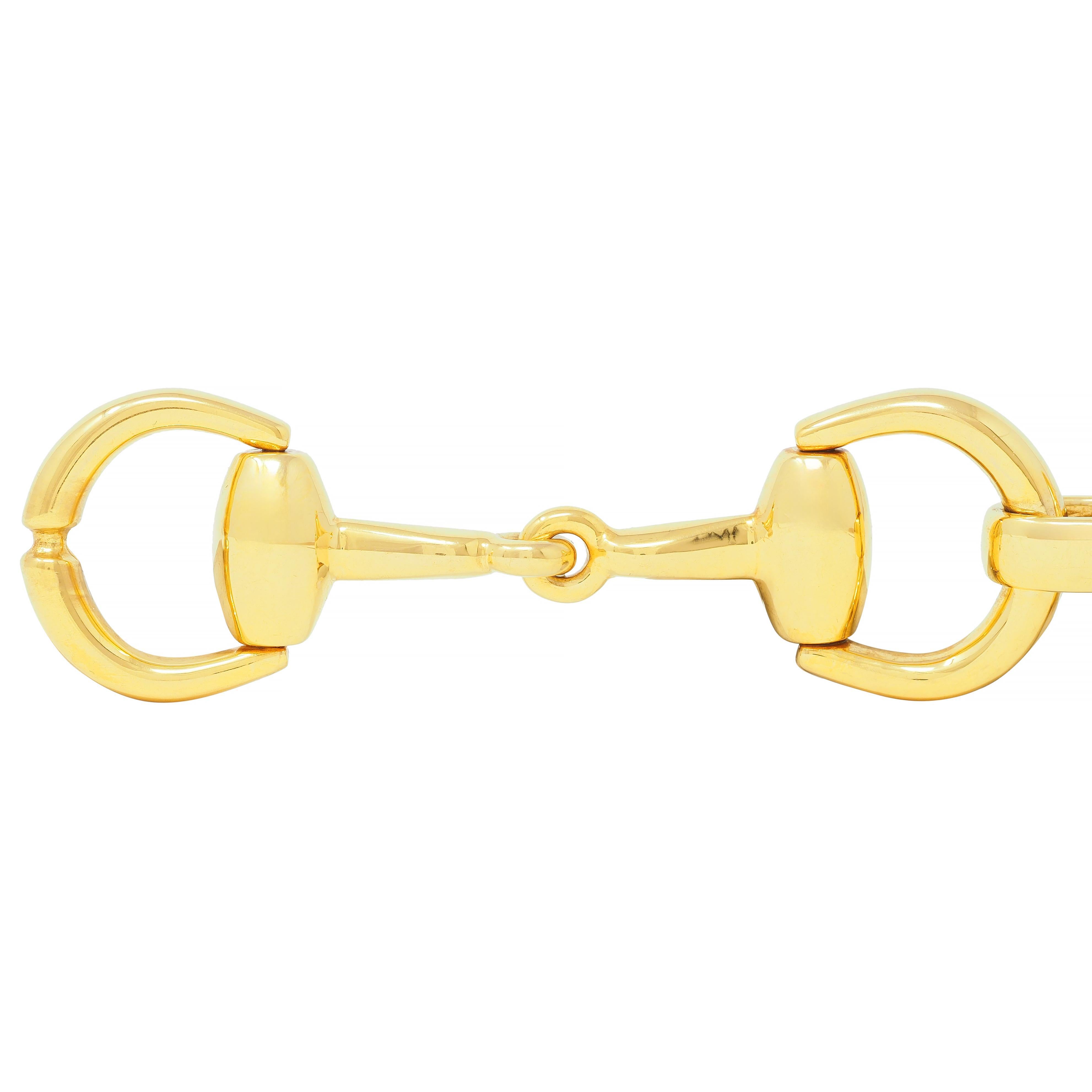 Bracelet is designed as large horsebit motif links
Connected via large oval shaped links
With high polished gold finish
Terminating horse-bit is hinged as clasp closure
Stamped 750 with Italian assay marks for 18 karat gold
Fully signed Gucci, Made