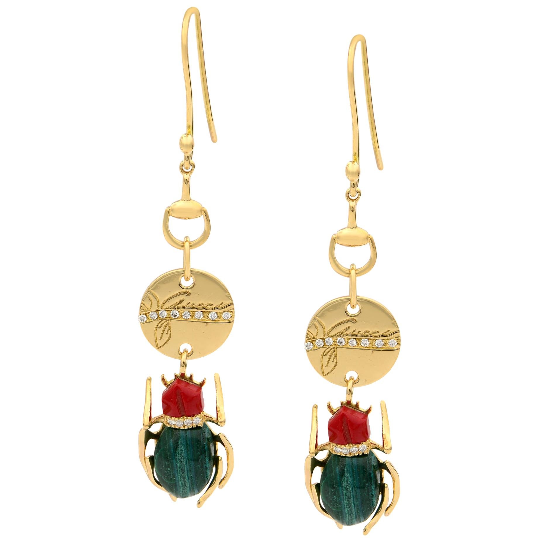 Gucci 18 Karat Yellow Gold Scarab Malachite Diamond Ladies Earrings 0.15 Carat