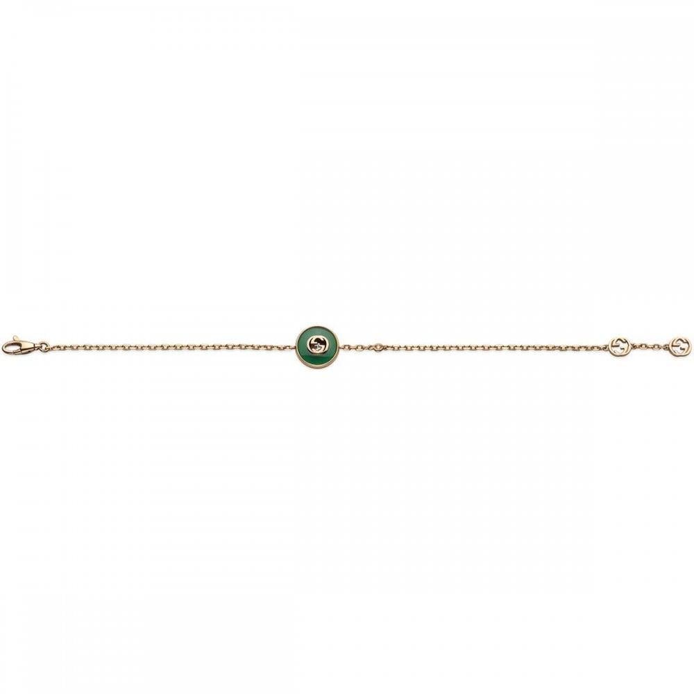 The Interlocking G logo appears in elegant new interpretations for Pre-Fall 2024. Refined rose gold is complemented by vivid green agate stone and sparkling diamonds. This chain bracelet can be matched with other accessories from the same line.

18k