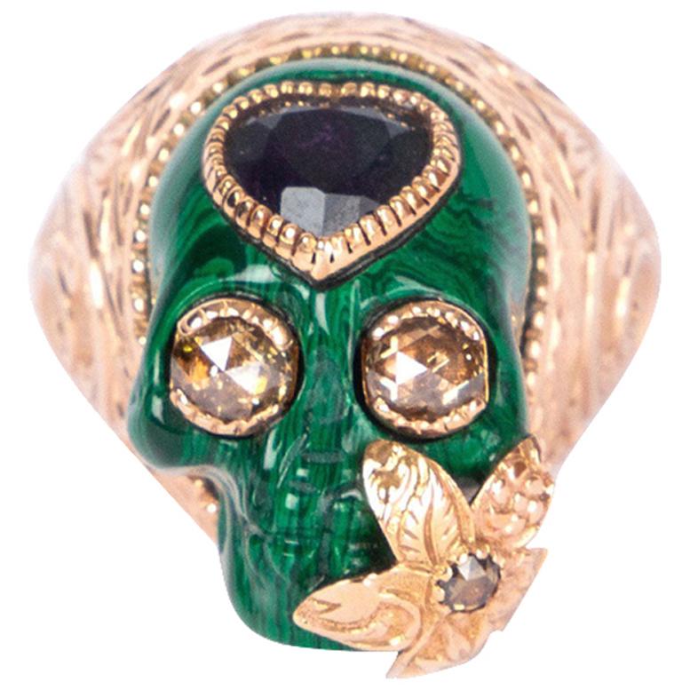 GUCCI 18ct Rose Gold & Sapphire SKULL Ring w Heart Sz 6