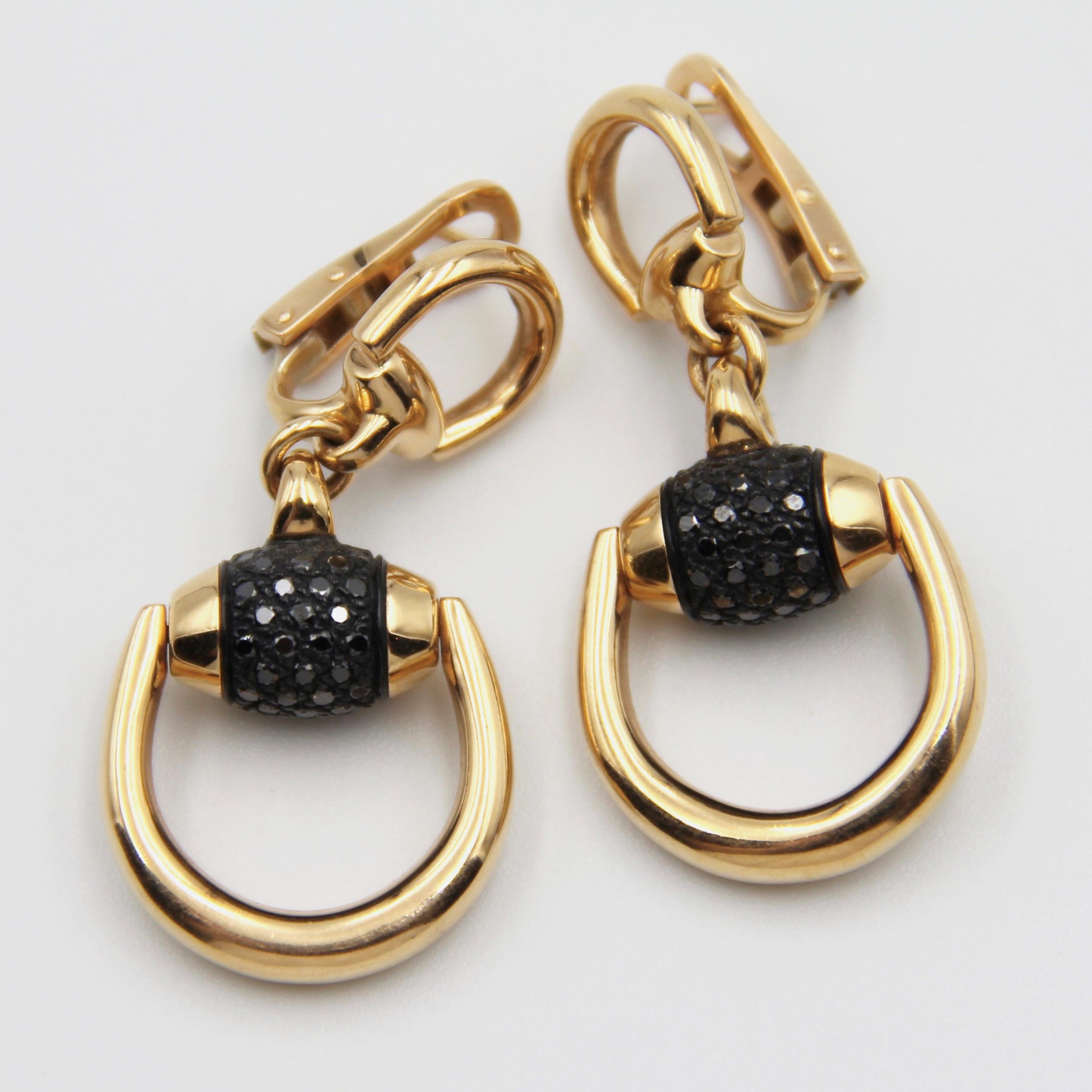 Round Cut Gucci 18k Gold Black Diamond Horsebit Earrings For Sale
