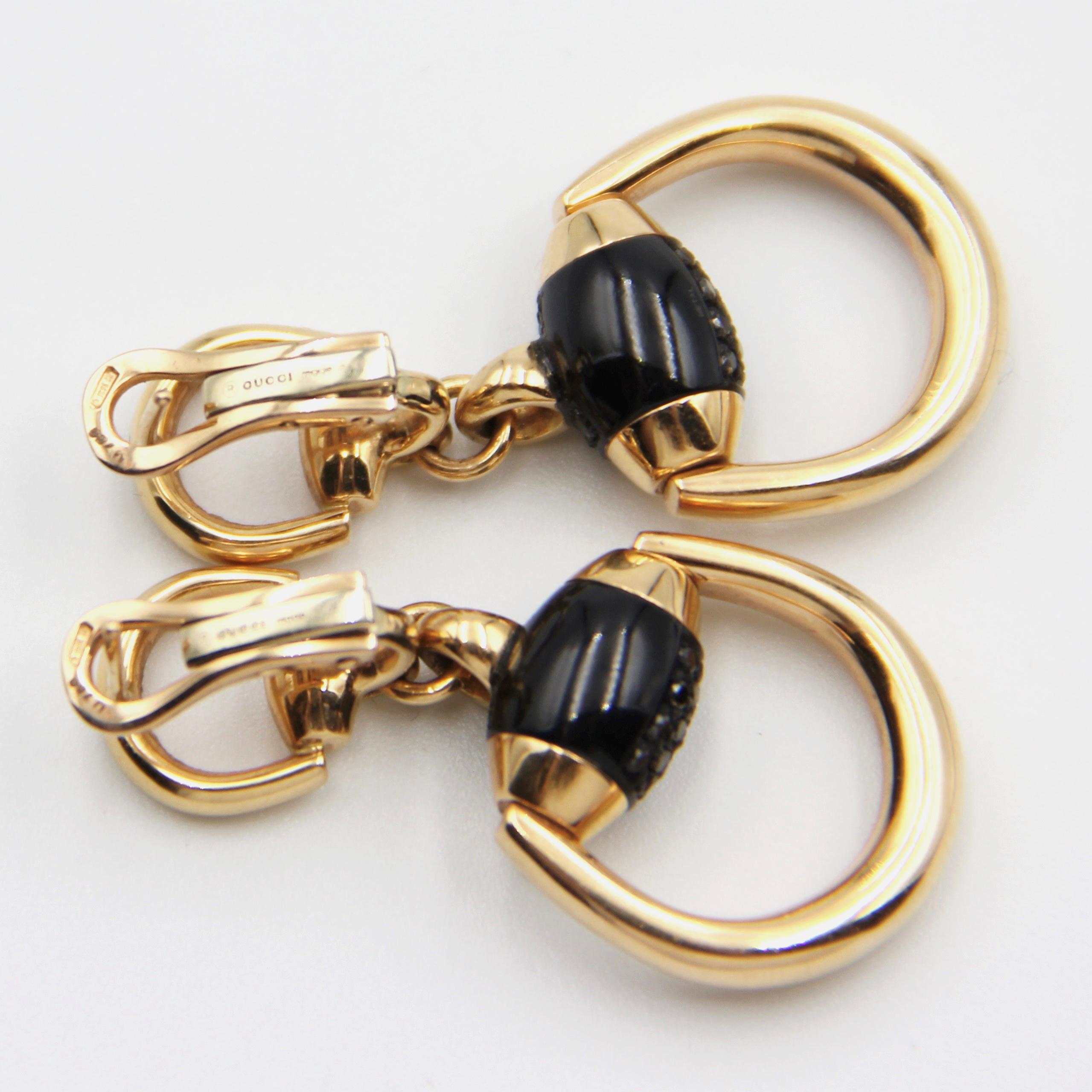 Gucci 18k Gold Black Diamond Horsebit Earrings In Excellent Condition For Sale In Istanbul, TR