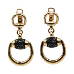 Gucci 18k Gold Black Diamond Horsebit Earrings
