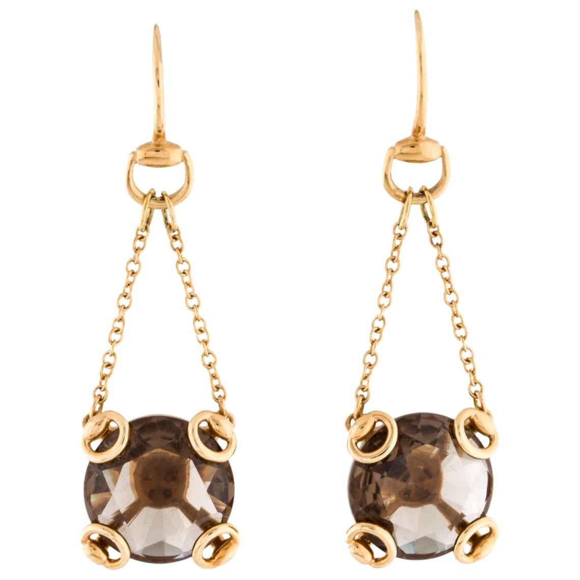 Gucci 18K Gold Chain Link Smoky Quartz Charm Dangle Drop Evening Earrings in Box