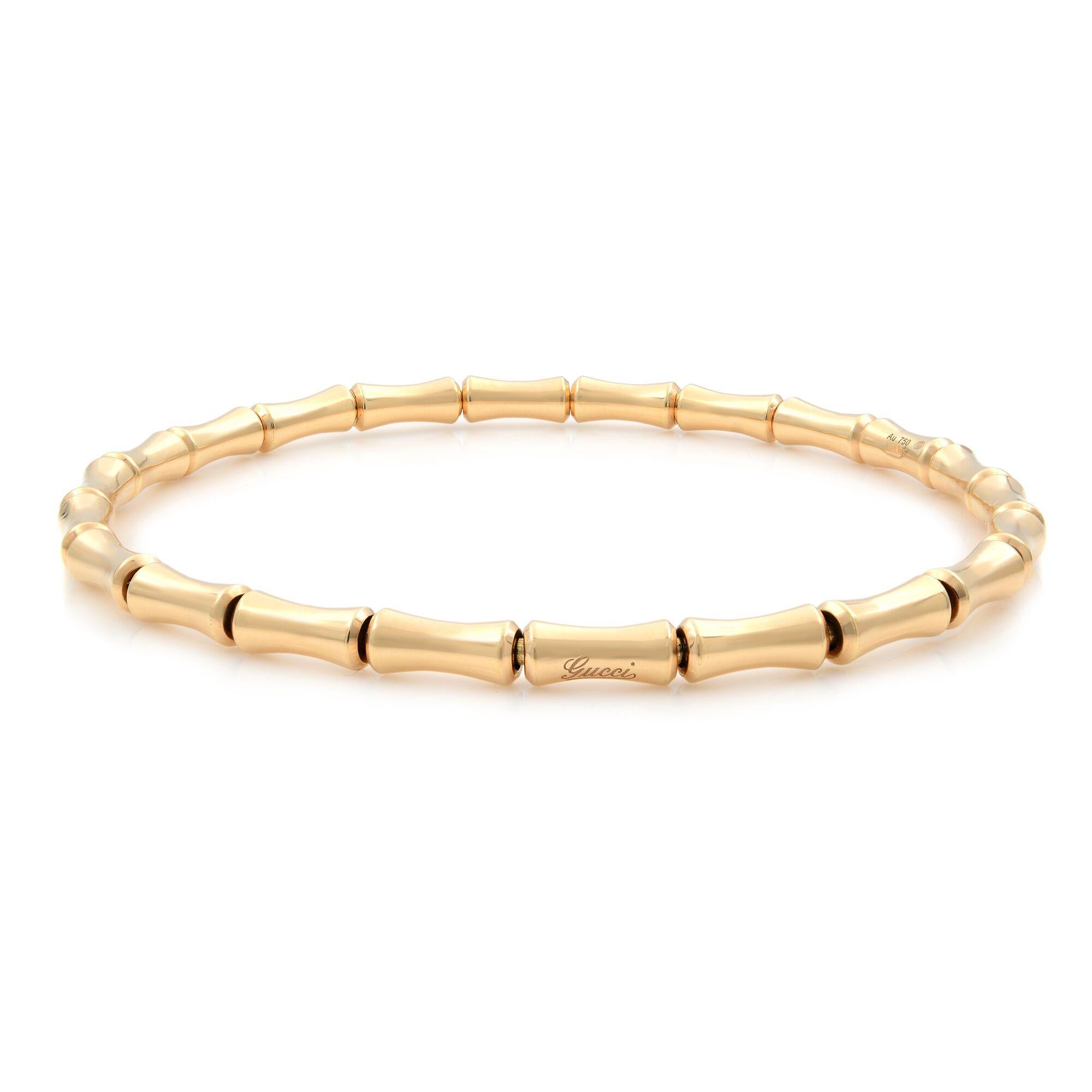This is a beautiful Gucci 18K Rose Gold Bamboo Extension Stretch Bracelet. 
Bracelet Size: 18 ( 8 inches)
Width: 3.7mm
Weight: 9.0 grams
Markings: GUCCI 750; 18K Rose Gold.
Condition: This piece is like new, shows no sign of wear. Please see