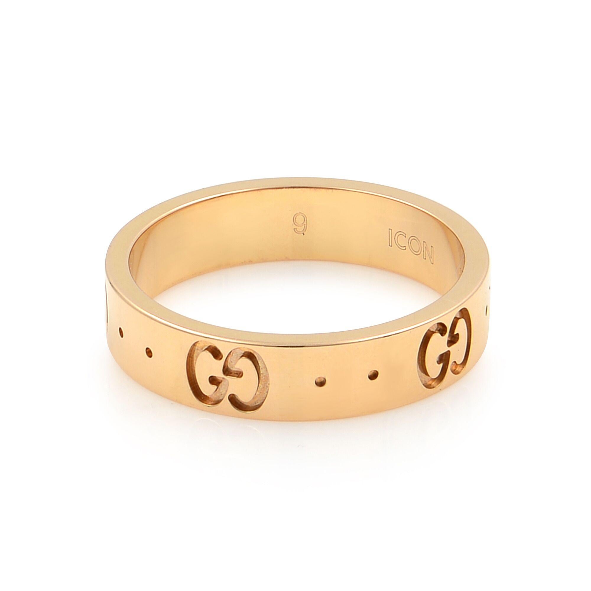 18K rose gold Gucci band. It is engraved with the Gucci logo all across the surface of the ring. High-polish finish gives way to the precision-drilled divets and logos.
Condition: Excellent (no signs of wear). 
Come without original packaging.