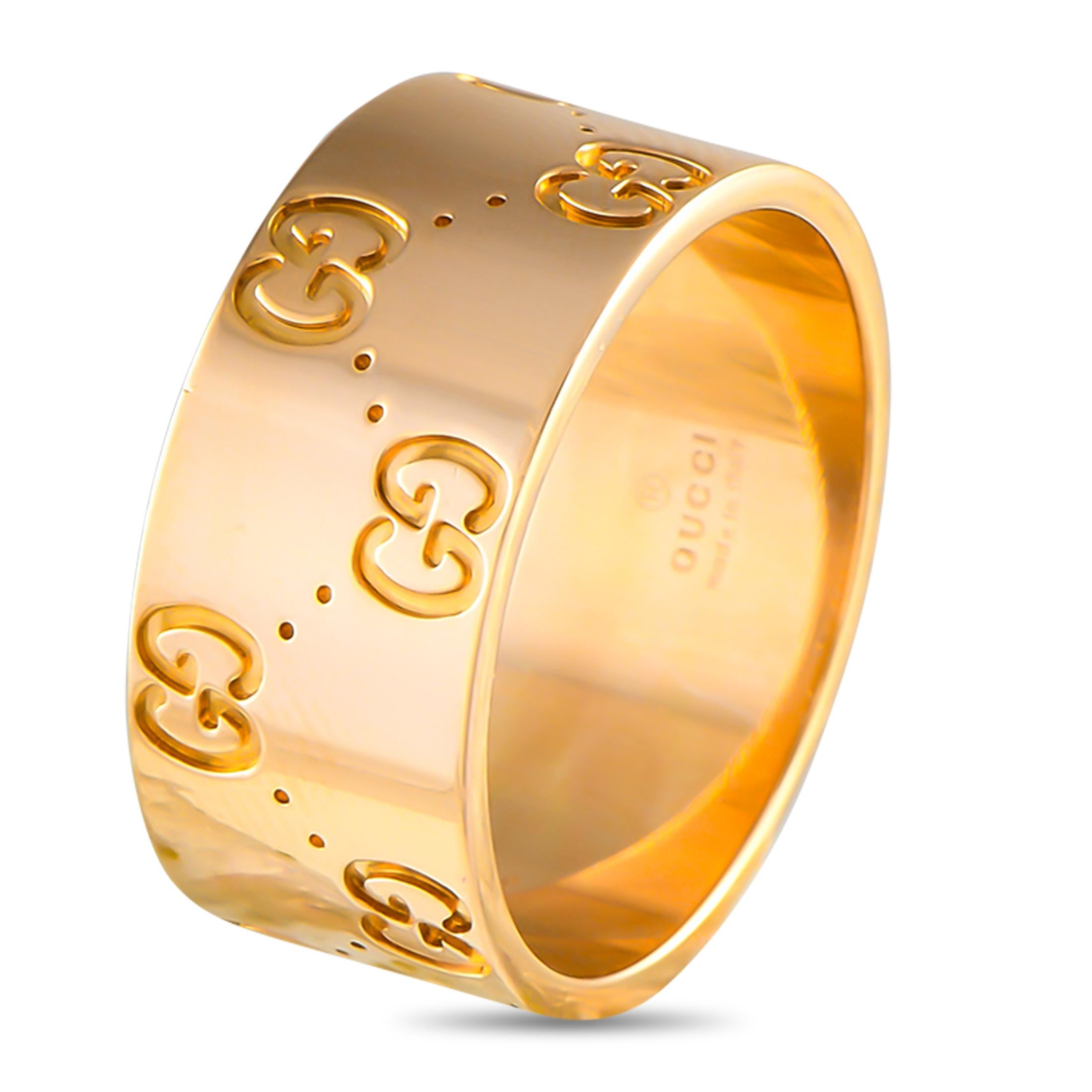 This iconic Gucci band ring will continually impress. Crafted from 18K Rose Gold, the luxury brands signature Double G logo elevates the minimalist setting. It features a 12mm wide band and a 2mm top height, making it the perfect piece for everyday
