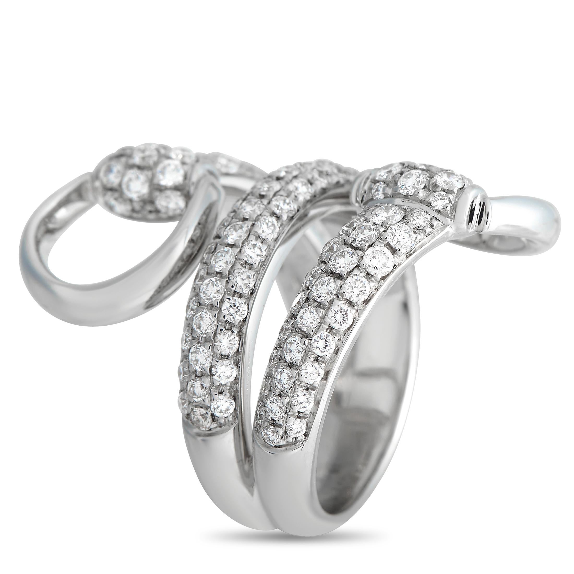 This Gucci Horsebit ring brings one of the brand’s most iconic motifs to life. This elegant, equestrian-inspired accessory features an 18K White Gold wrapped setting that measures 7mm wide and features a top height measuring 2mm. Diamonds totaling