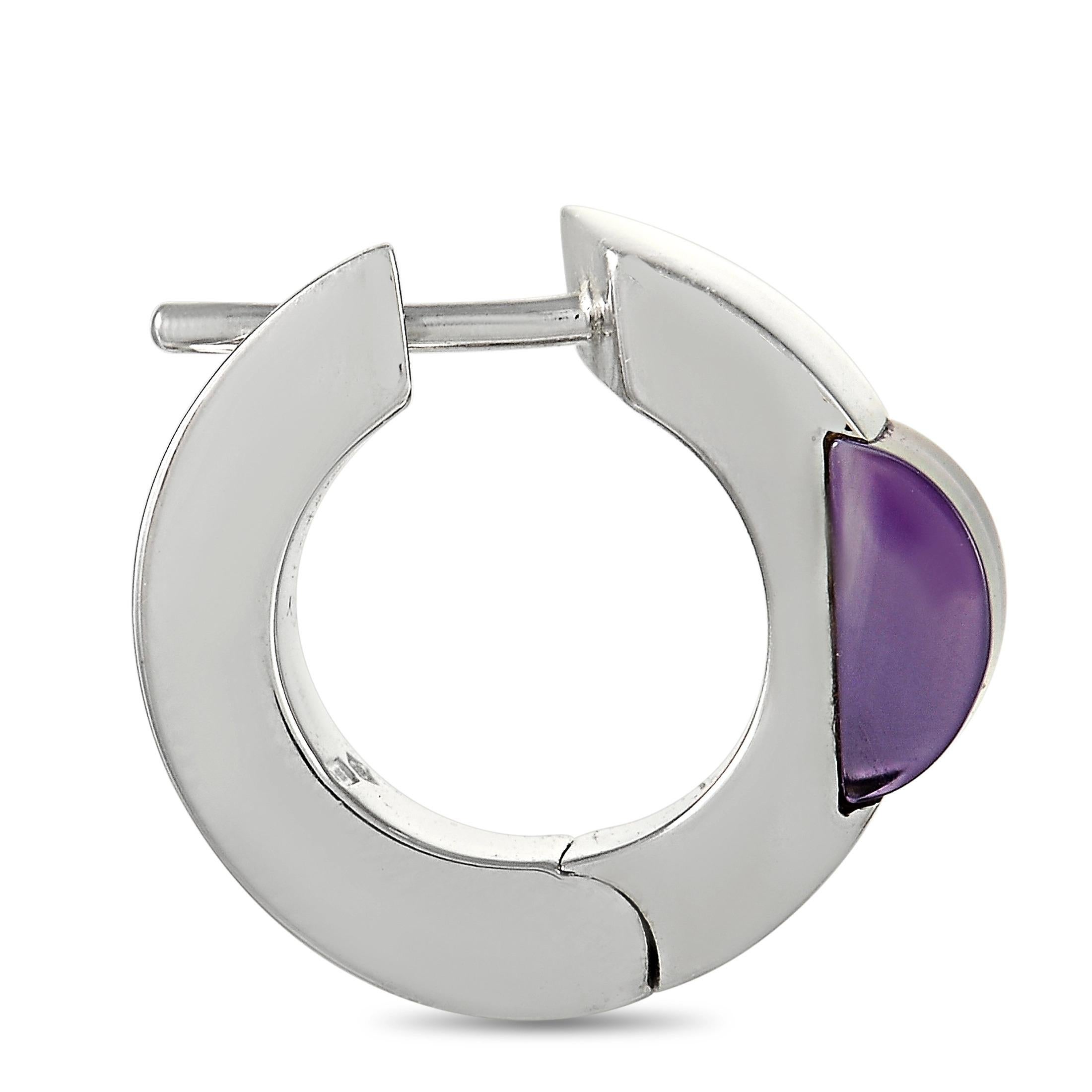 These stylish earrings from Gucci possess a bold design and a commanding presence. Each one is crafted from shimmering 18K White Gold and measures 0.65” long by 0.5” wide. At the center, a square-cut Amethyst gemstone adds a pop of color to this