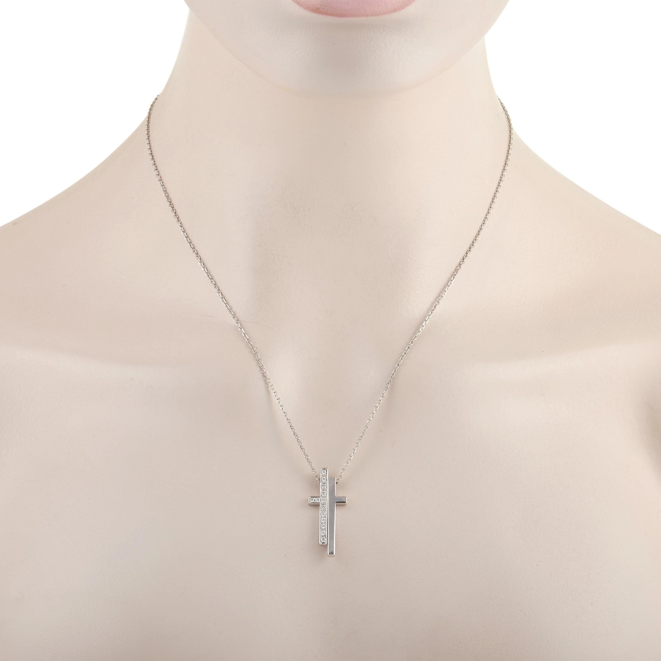 The luxury house Gucci brings a fresh reinterpretation to a classic piece of jewelry when it comes to this impeccably crafted cross necklace. Incredibly creative, this 18K White Gold necklace features an abstract cross-shaped pendant measuring 1.13”