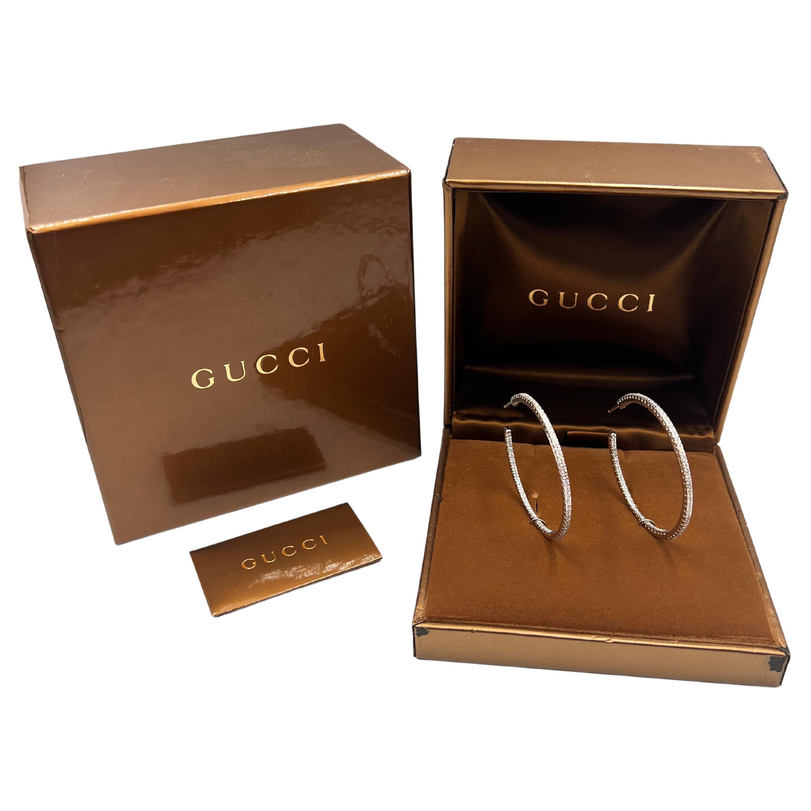 Modern Gucci 18k White Gold Diamond Hoop Earrings For Sale