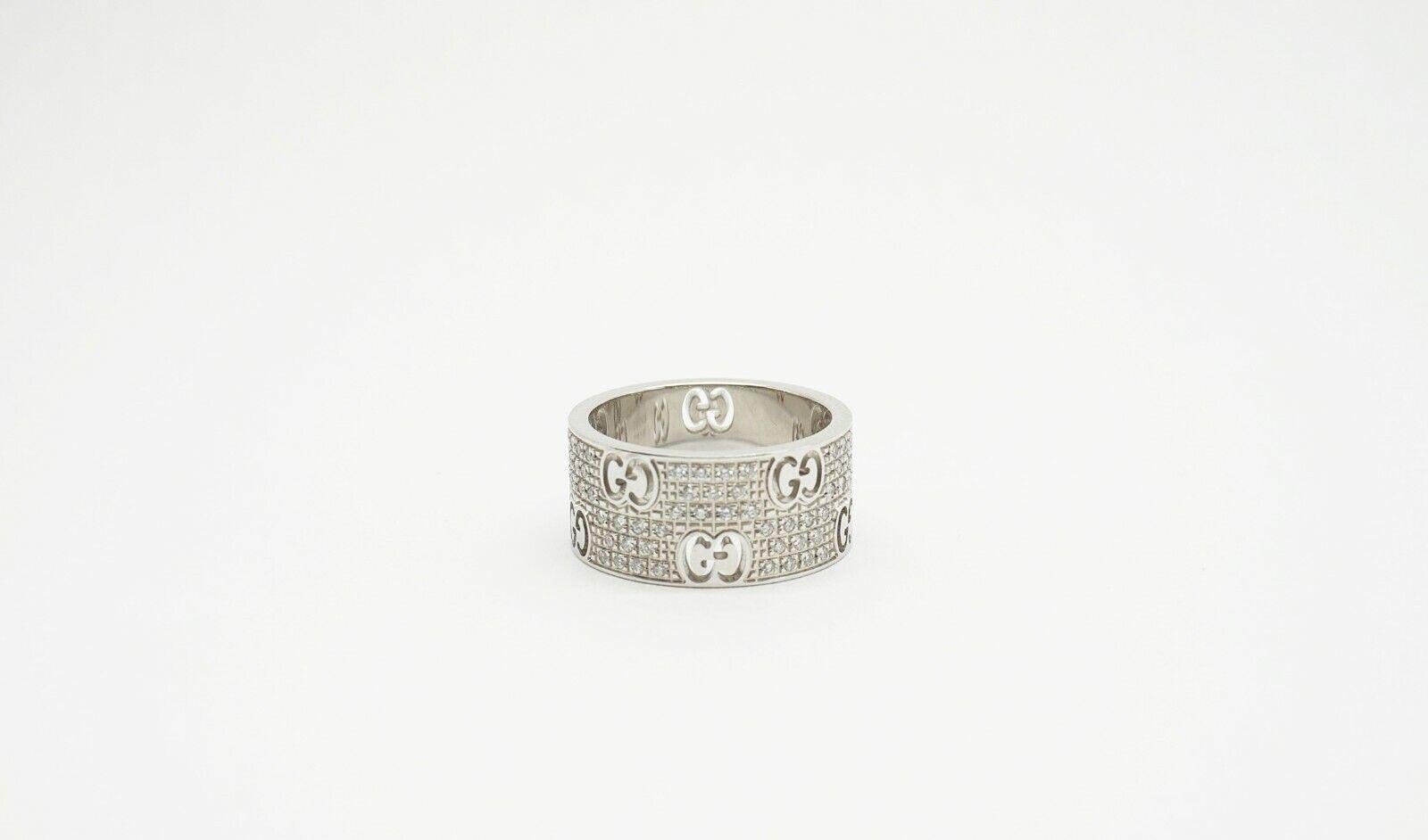 Gucci 18K White Gold Icon Stardust Diamond Band Ring Size 6.5, 8.9g In Excellent Condition For Sale In Providence, RI