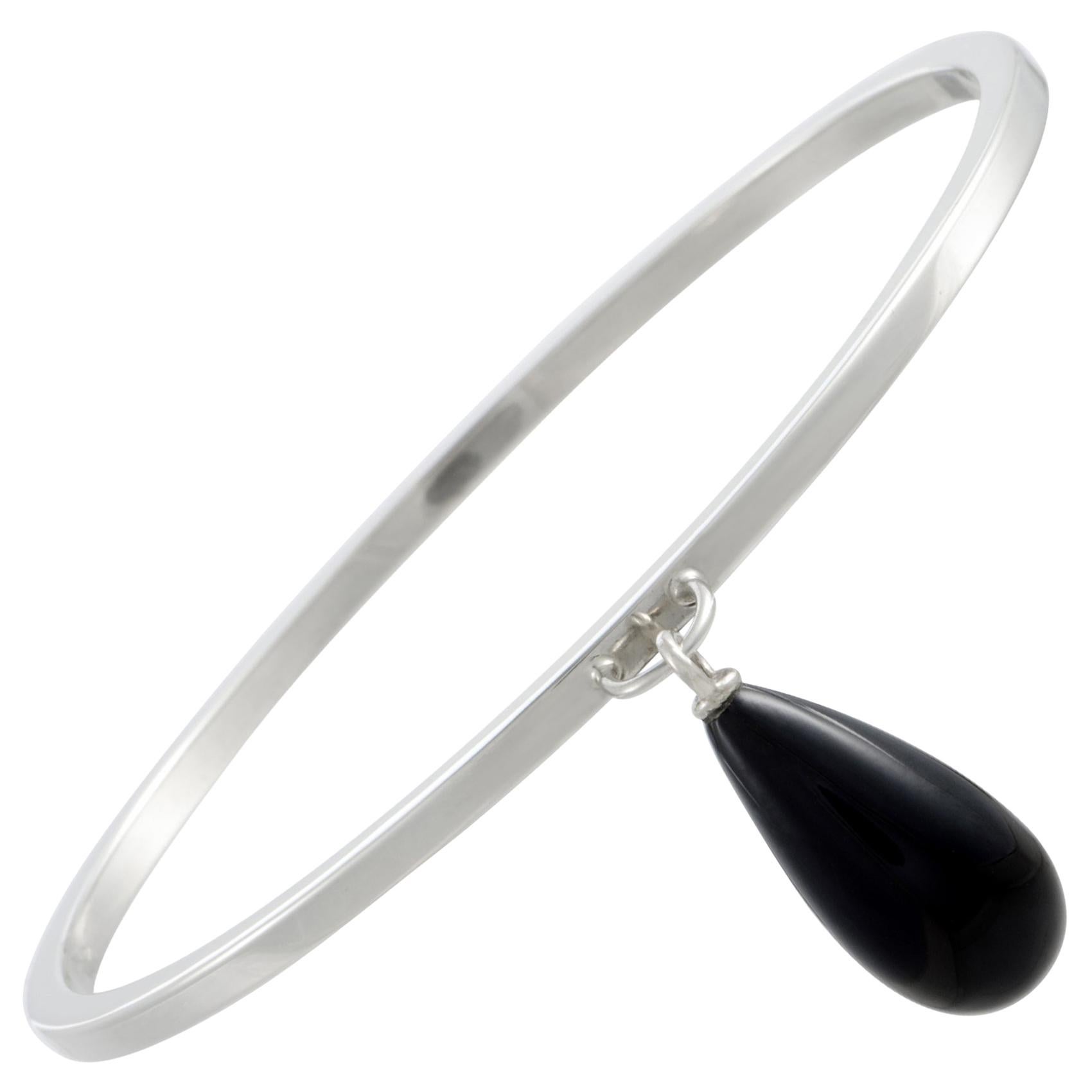Gucci 18 Karat White Gold Onyx Teardrop Charm Bangle Bracelet Large Size