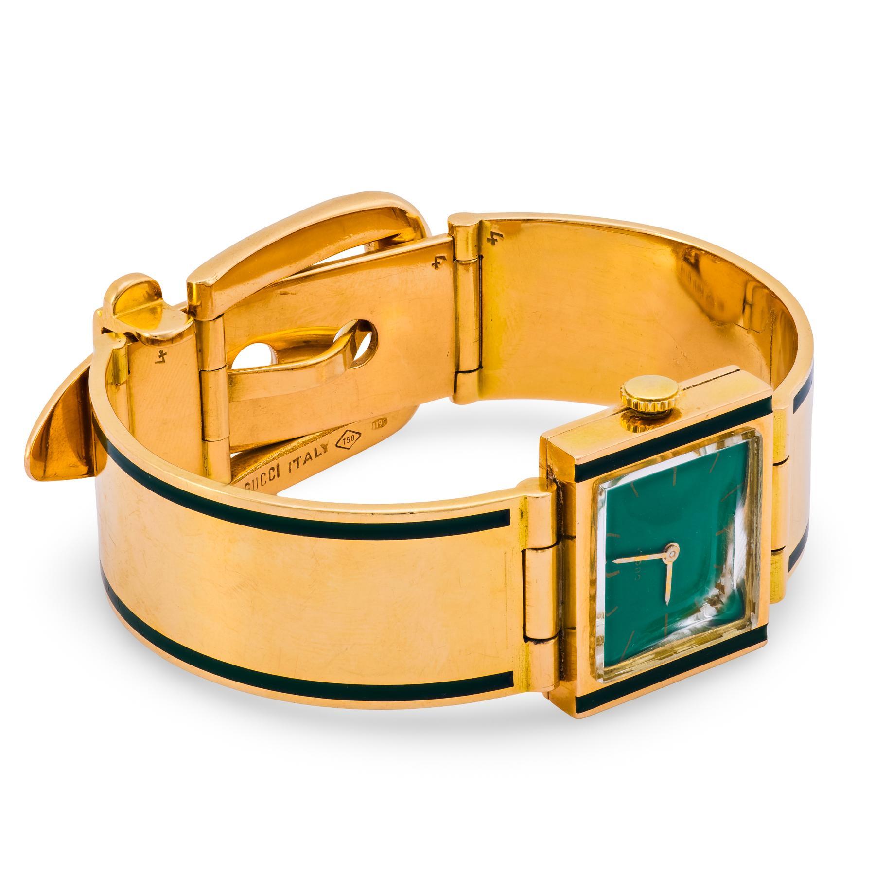 Donna Orologio Gucci in oro giallo 18 carati e smalto verde in vendita