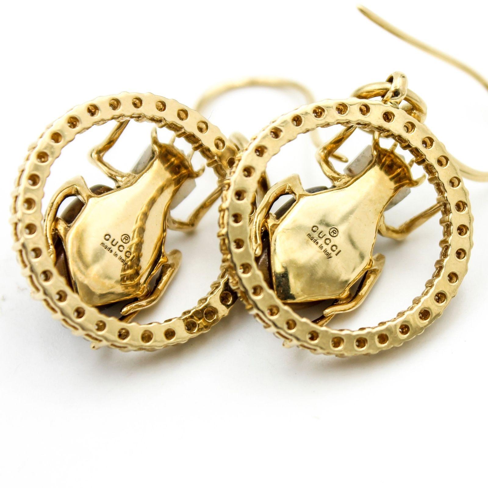Round Cut Gucci 18 Karat Yellow Gold Diamond Tiger's Eye Agate Scarab Dangle Earrings For Sale