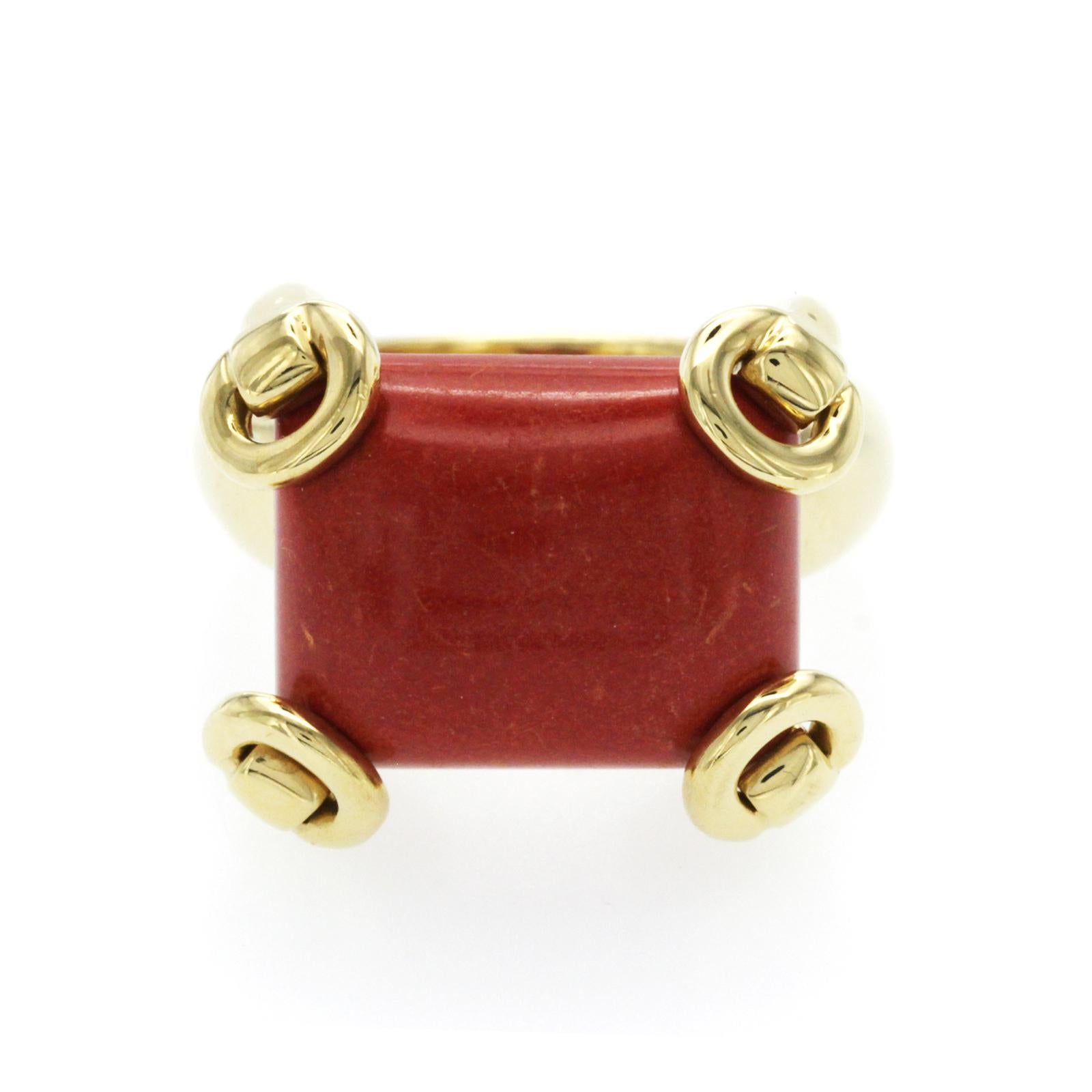 100% Authentic, 100% Customer Satisfaction

Height: 17 mm

Band Width: 3.5 mm

Size: 6 

Metal:18K Yellow Gold

Hallmarks: 18K Gucci

Total Weight: 16.2 Grams

Stone Type: Coral

Condition: Pre Owned

Estimated Price: $6500

Stock Number: U311
