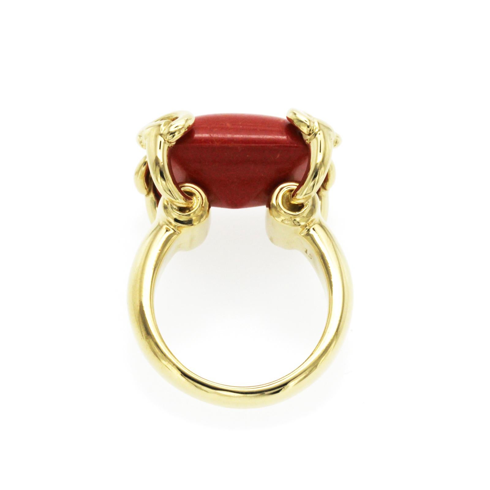 Women's or Men's Gucci 18K Yellow Gold Horsebit Coral Ring