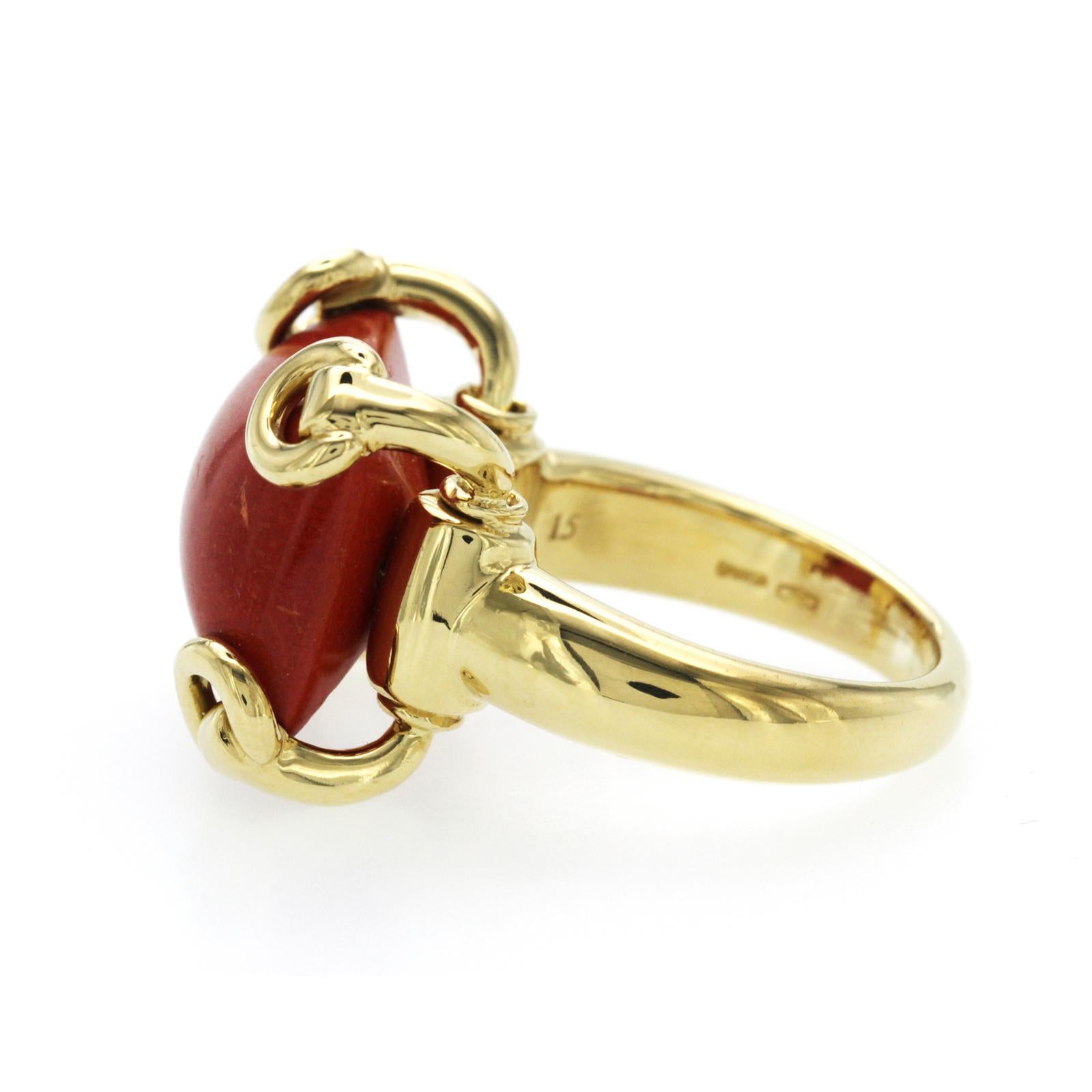 Gucci 18K Yellow Gold Horsebit Coral Ring 1